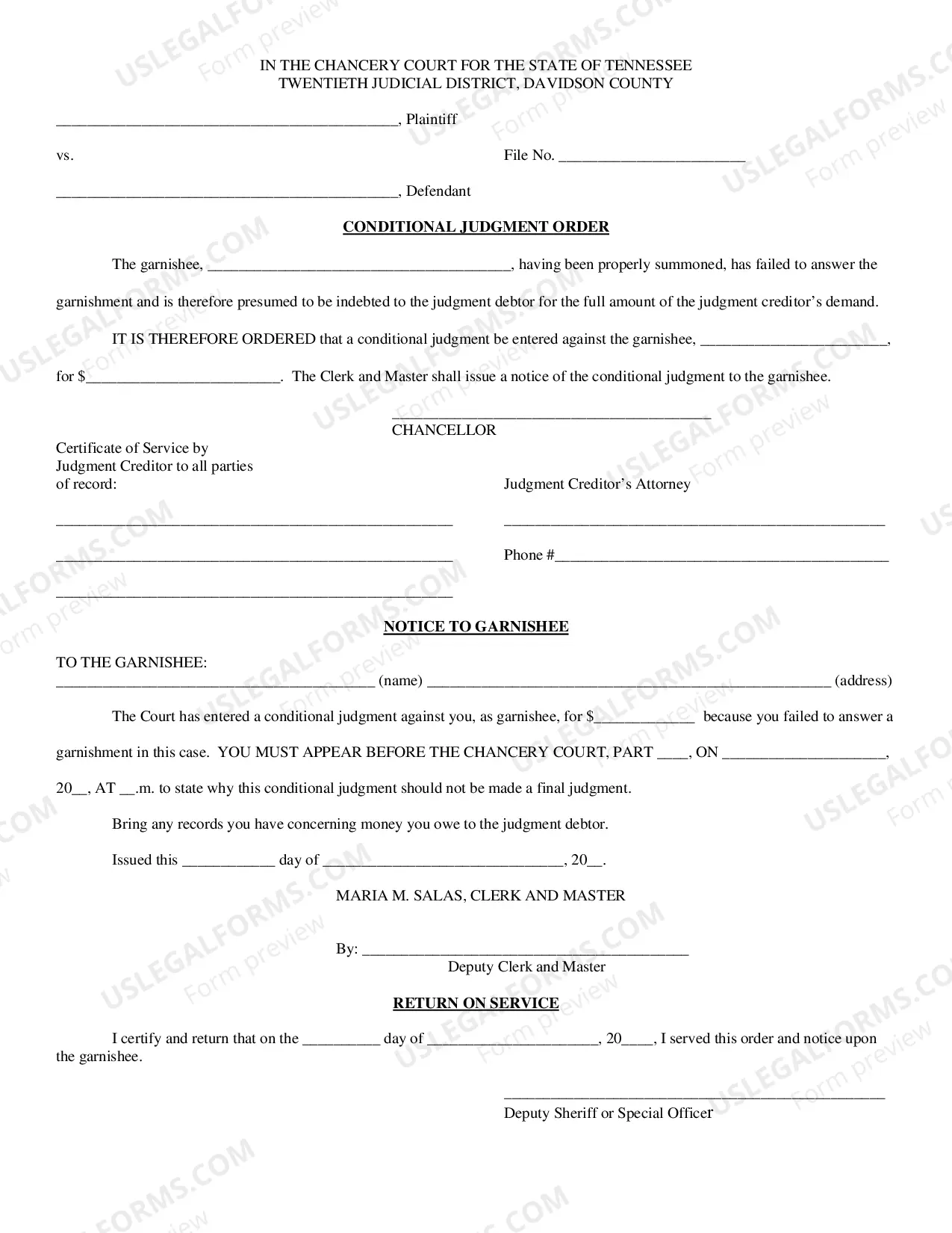 Preview Conditional Judgment Order/Notice to Garnishee