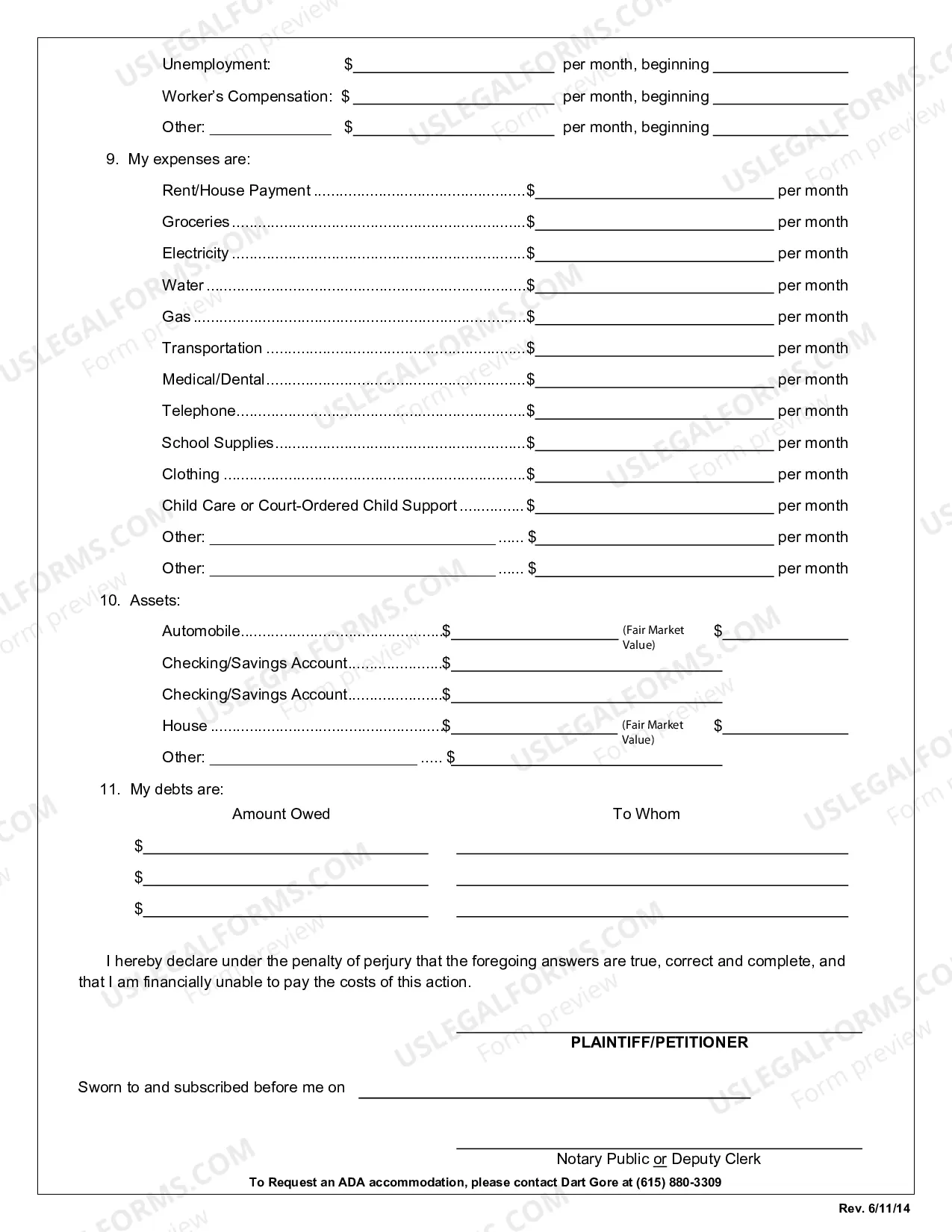 Preview Affidavit of Indigency and Order