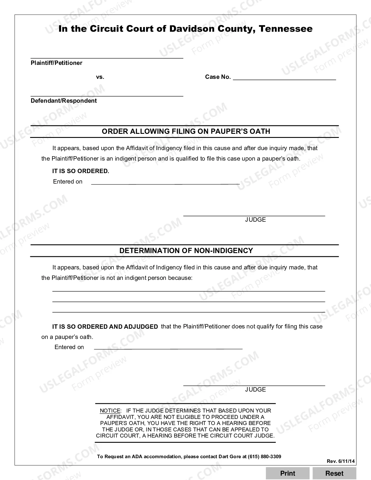 Preview Affidavit of Indigency and Order