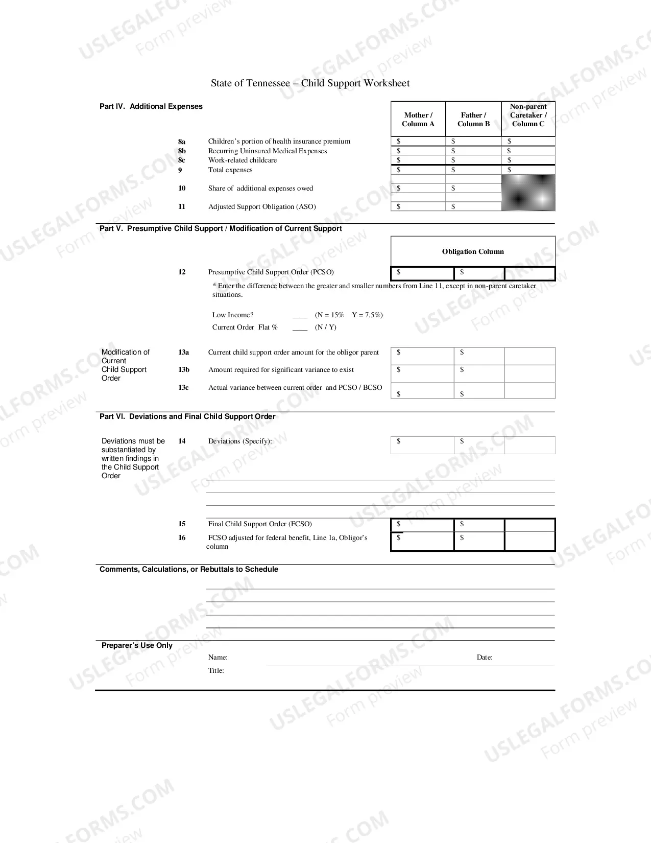 Preview TN Child Support Worksheet