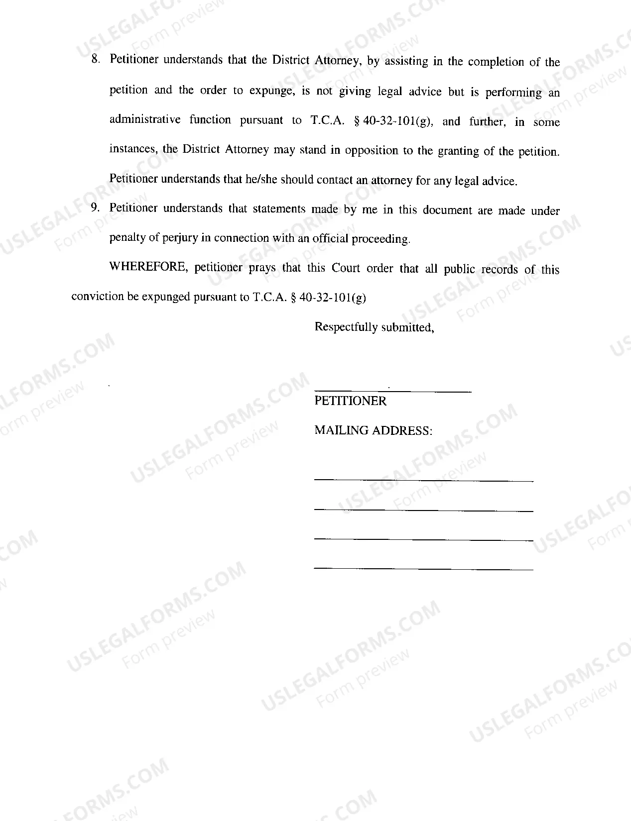 Preview 40-32-101(g) Expungement Packet Criminal