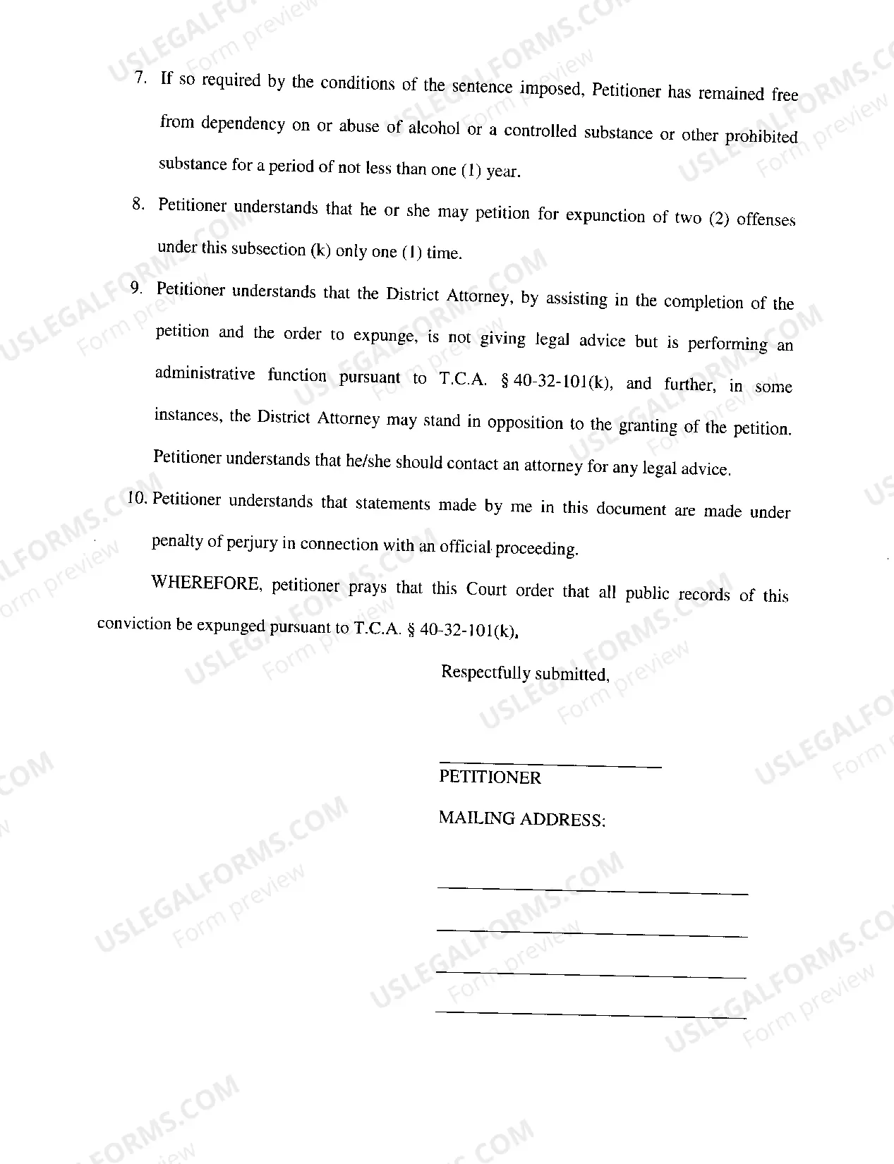 Preview 40-32-101(k) Expungement Packet Criminal
