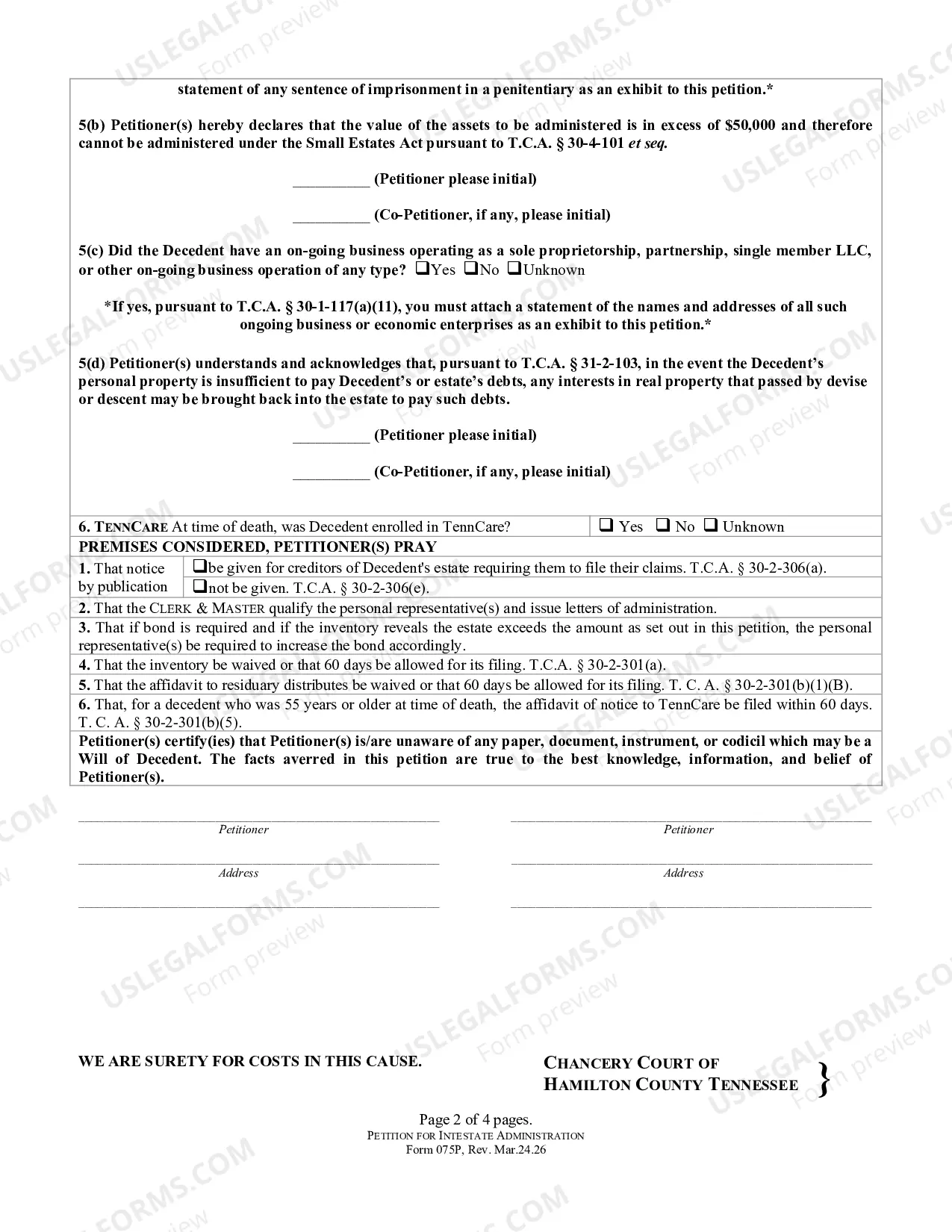 Preview PETITION - for Intestate Administration (Probate)