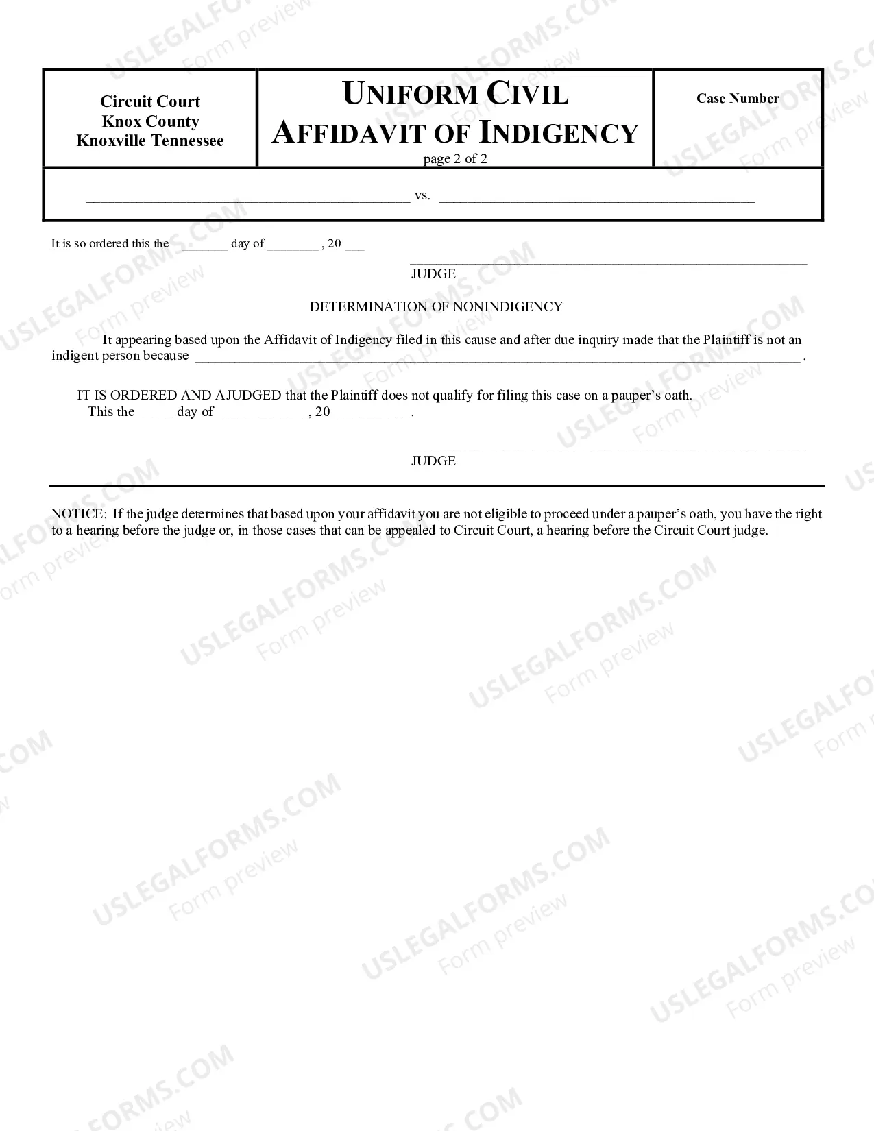 Preview Affidavit of Indigency