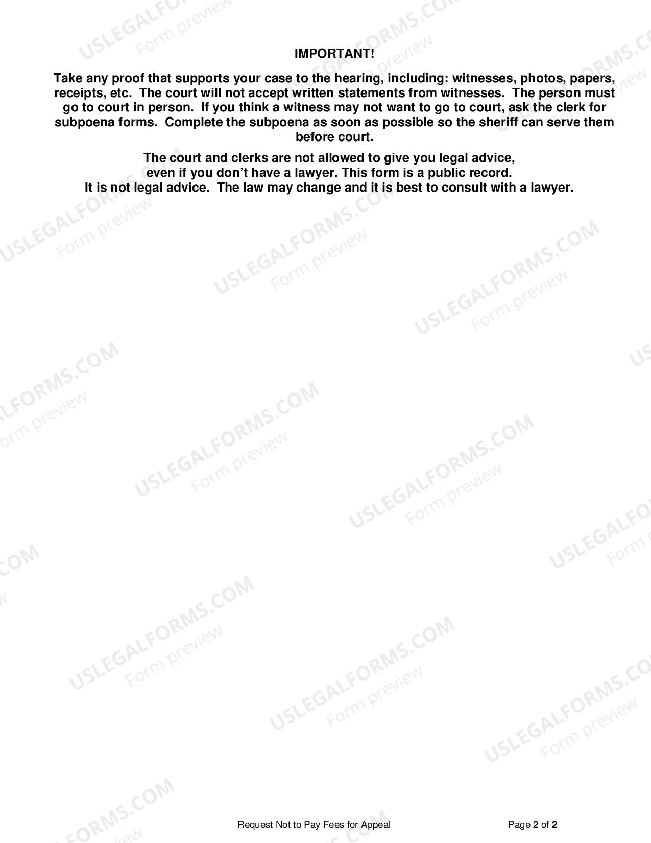 Preview Request not to Pay Fees for Appeal