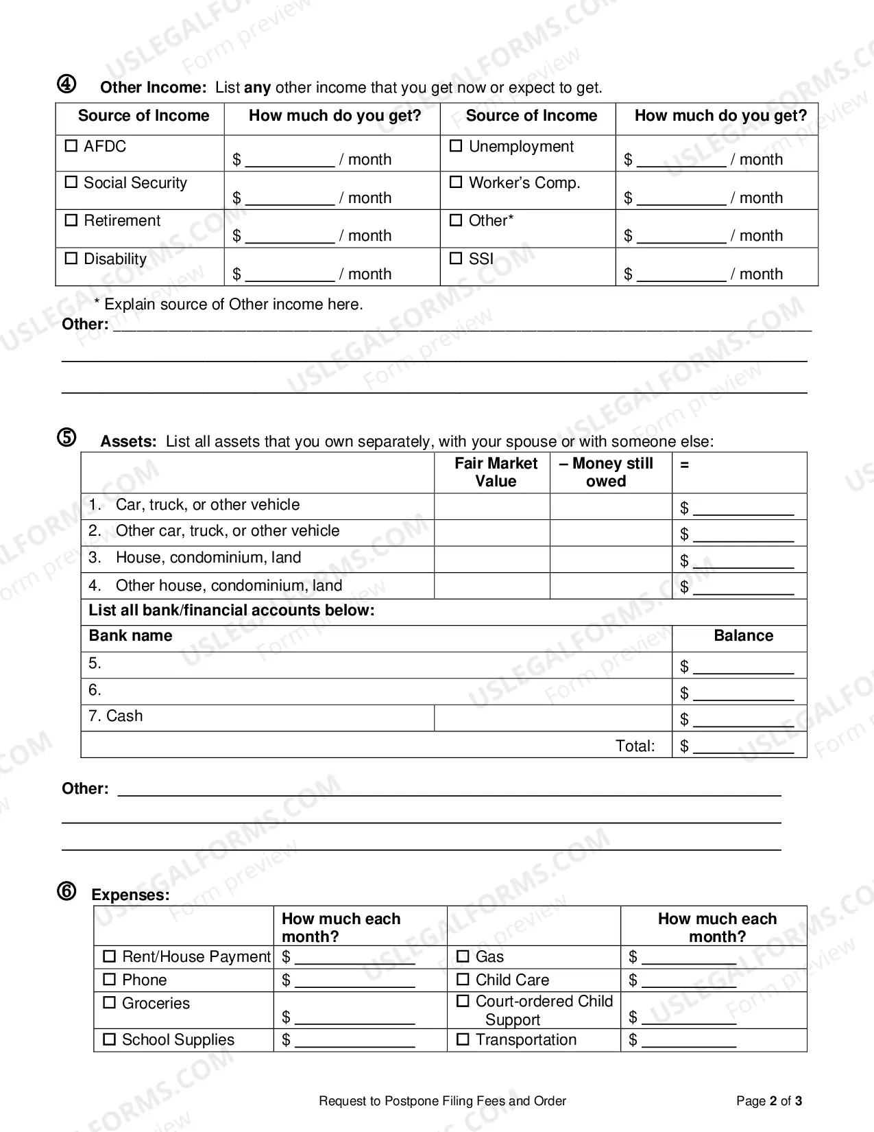 Preview Request to Postpone Filing Fees