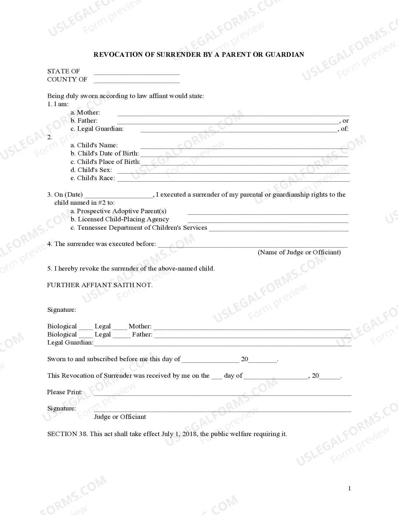 Preview Surrender to Adoptive Parent