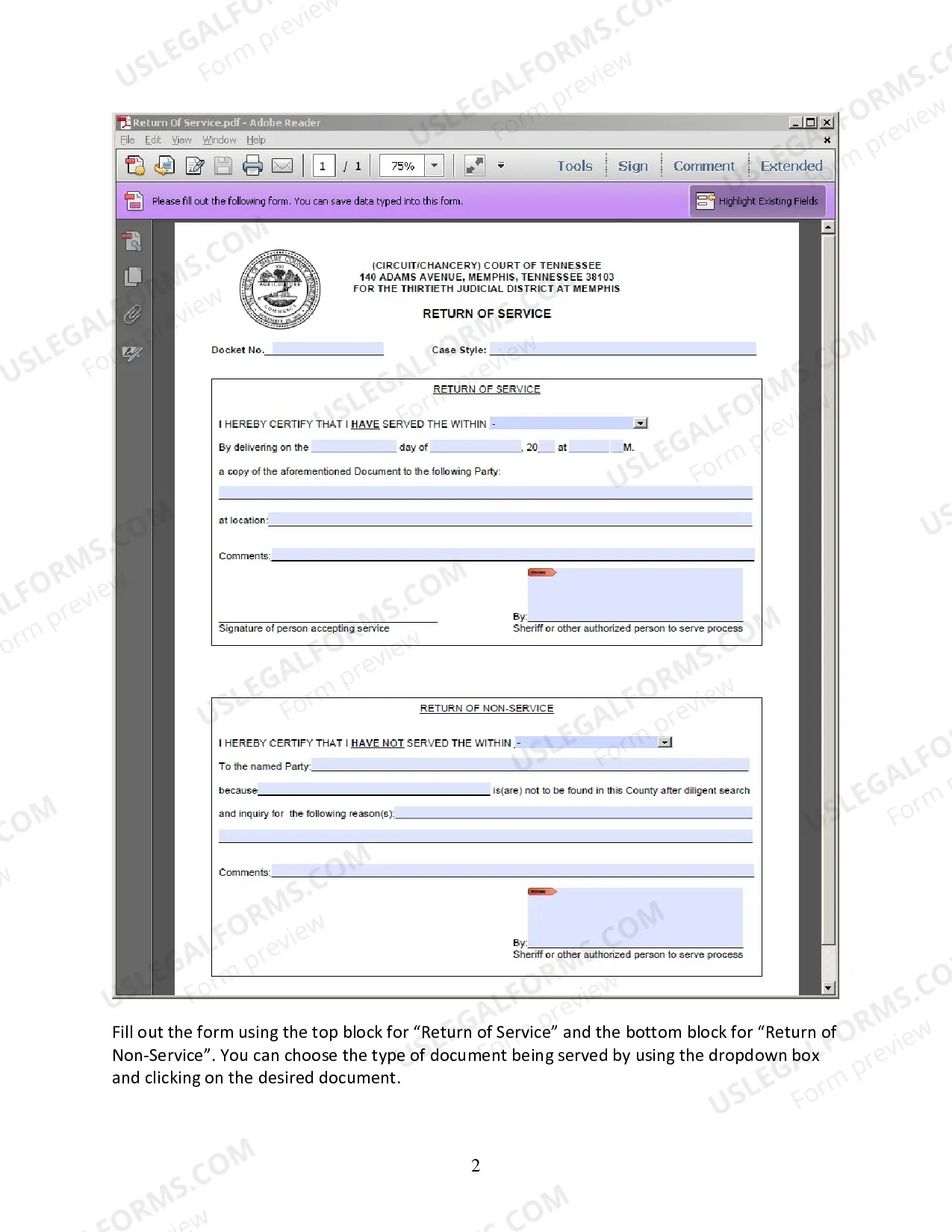 Preview Return of Service form Instructions