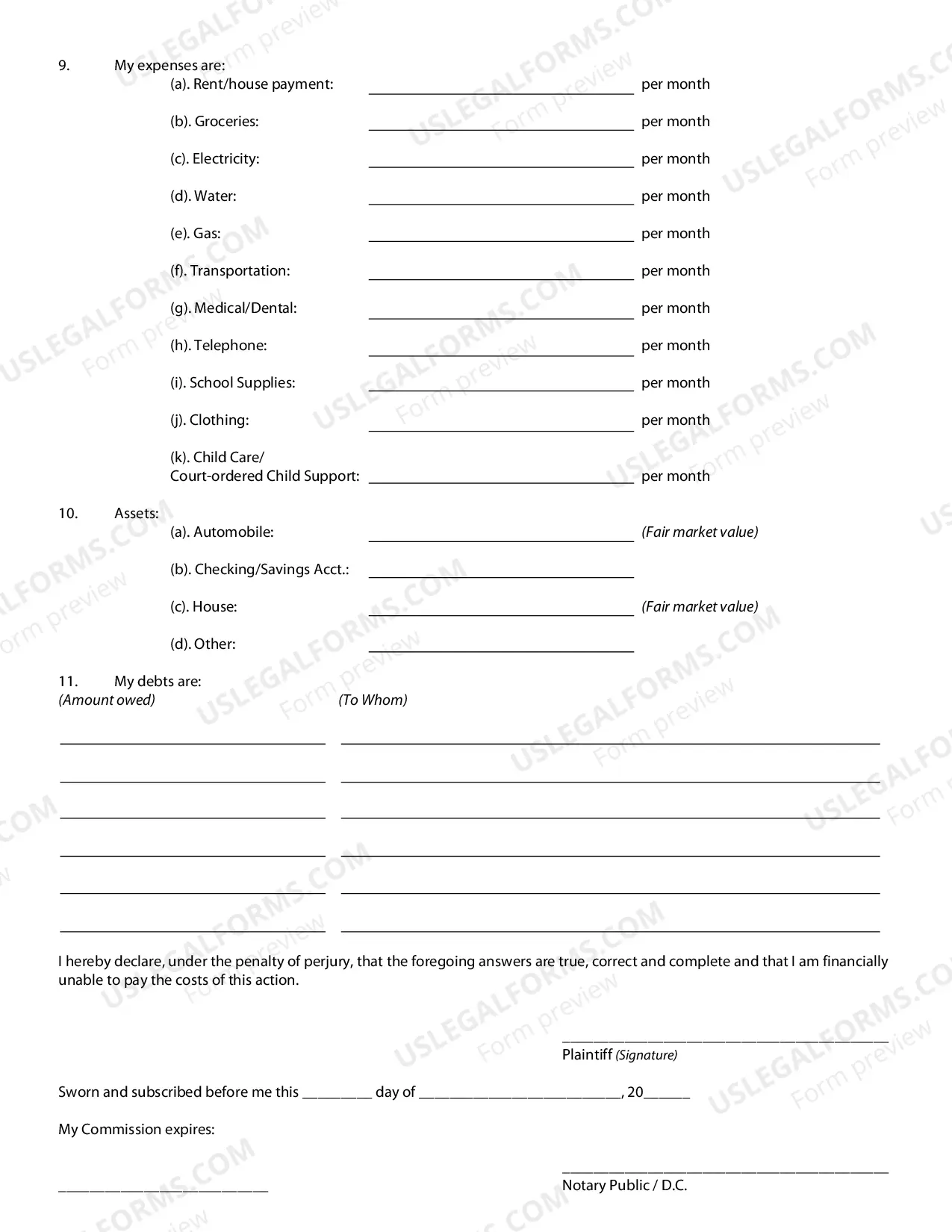 Preview Indigency Affidavit