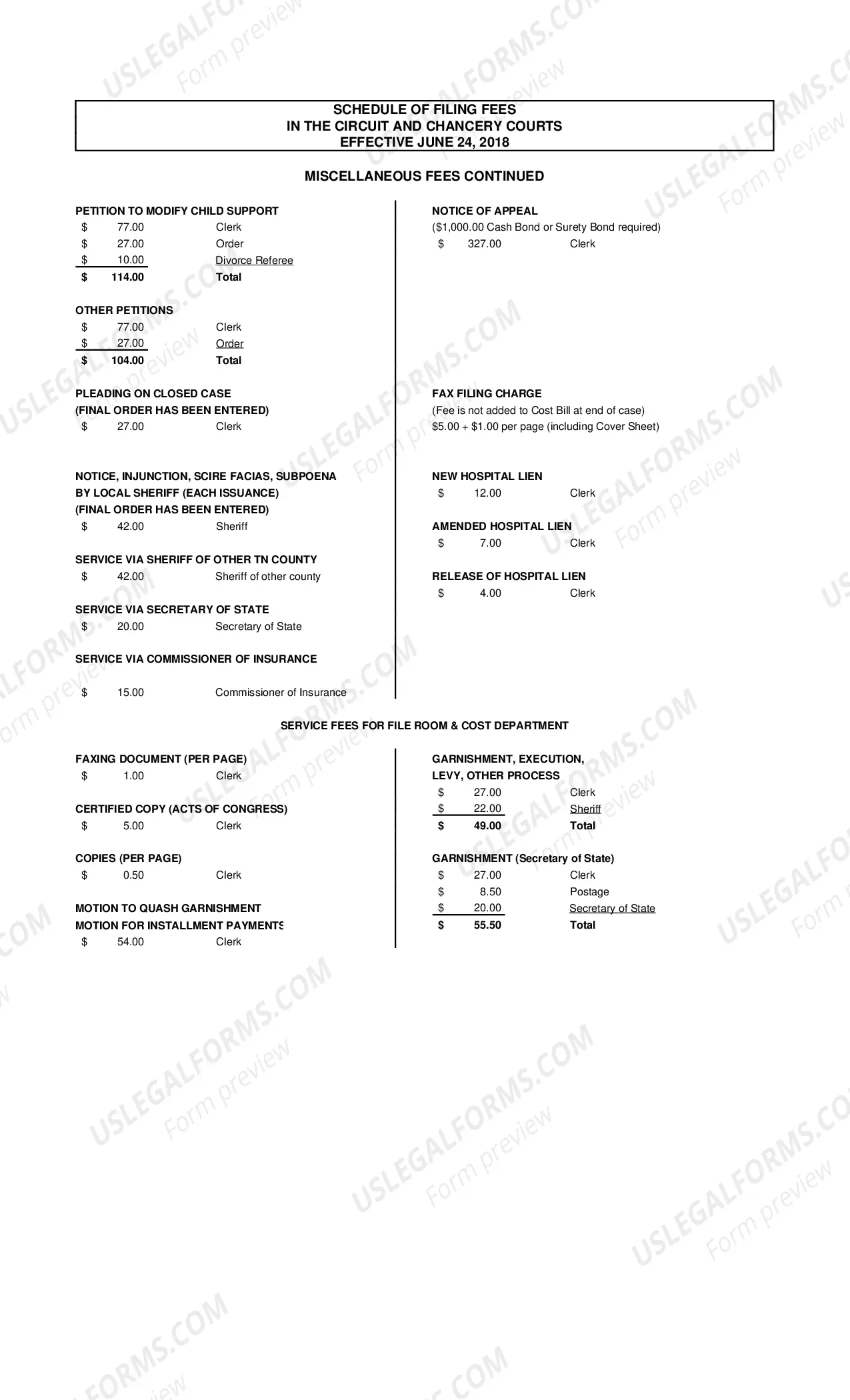 Preview Schedule of Filing Fees