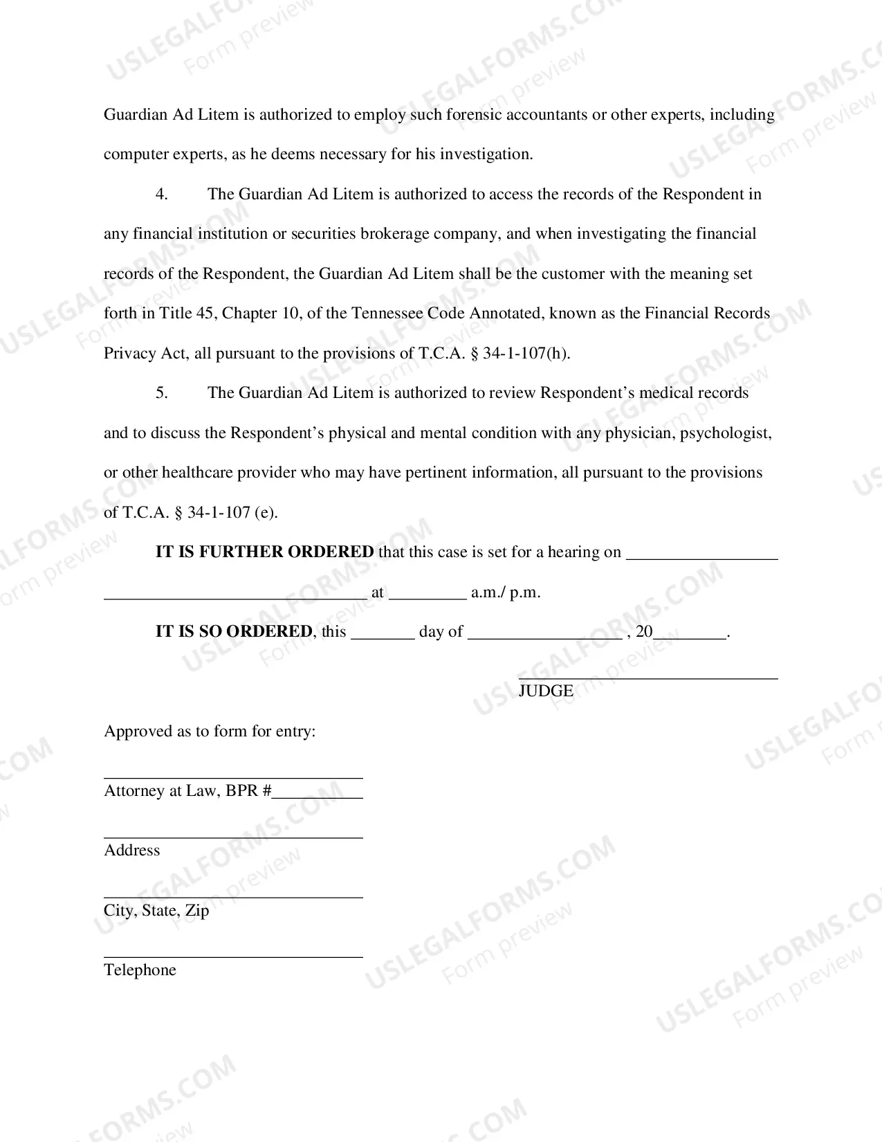 Preview Order Appointing Guardian ad Litem and Setting Hearing Date