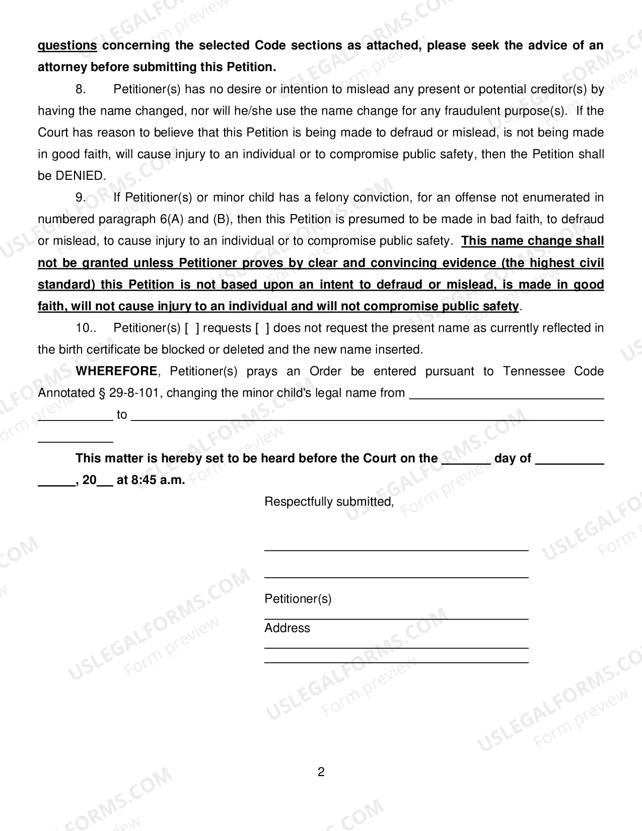 Preview Petition for Name Change - Minor