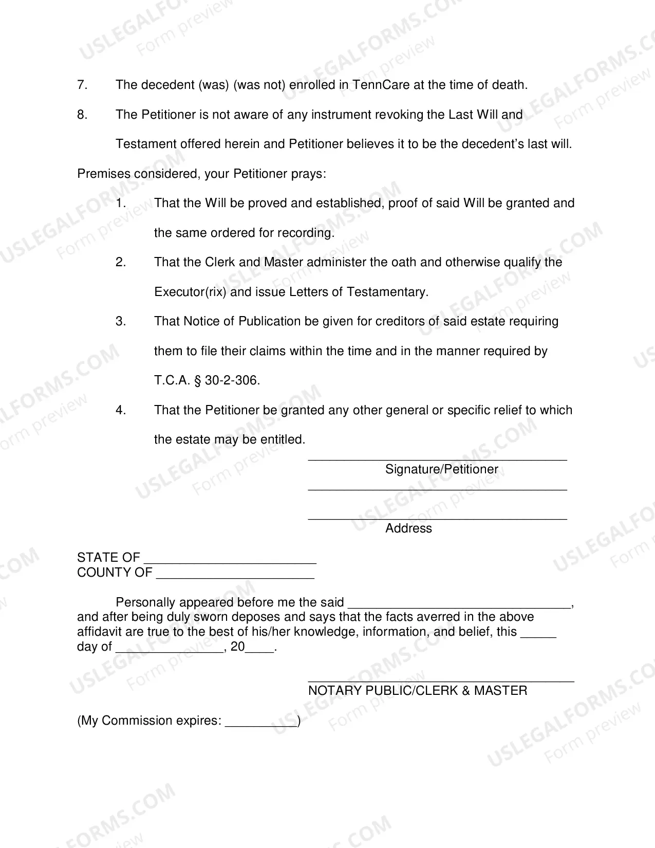Preview Petition to Admit Will to Probate