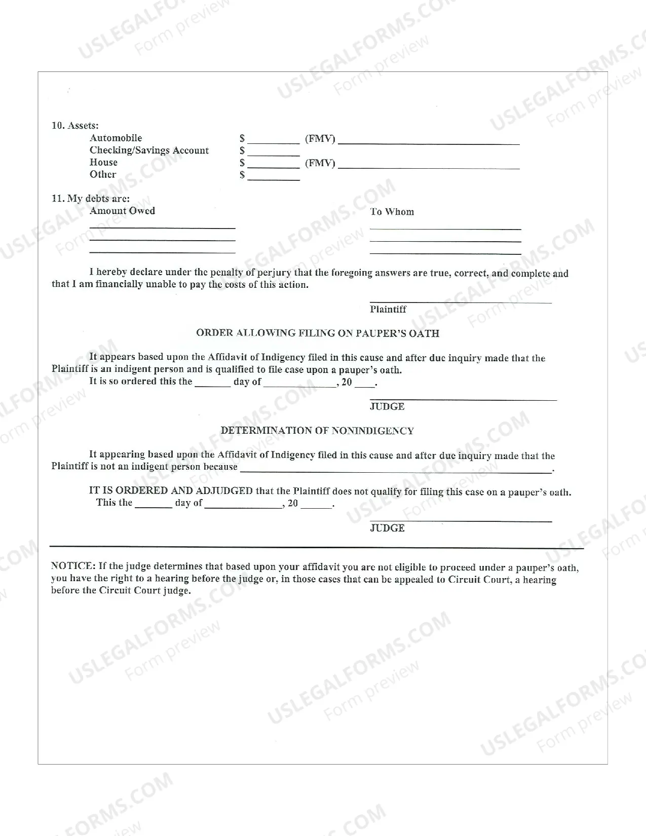 Preview Civil Affidavit of Indigency