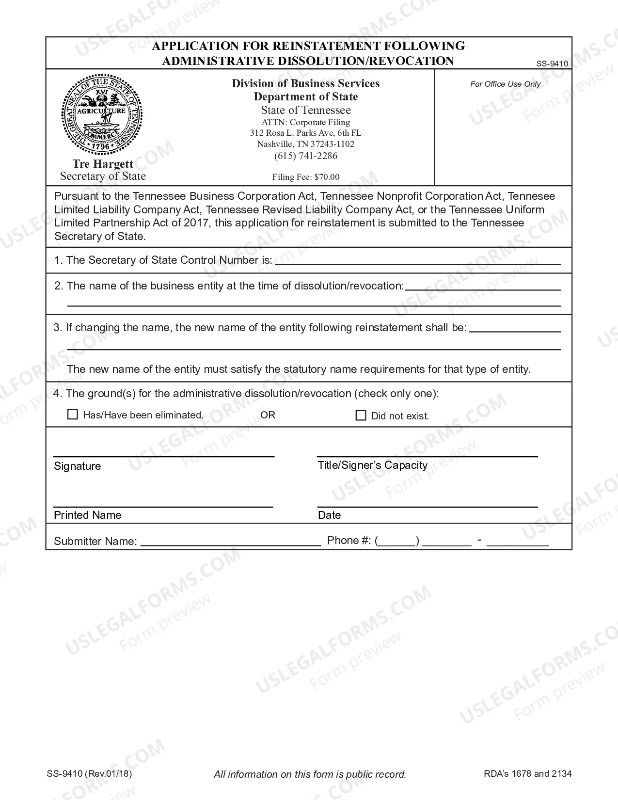 Preview Application For Reinstatement Following Administrative Dissolution Or Revocation