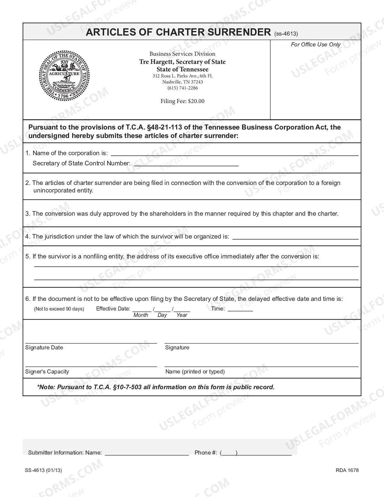 Preview Articles of Charter Surrender