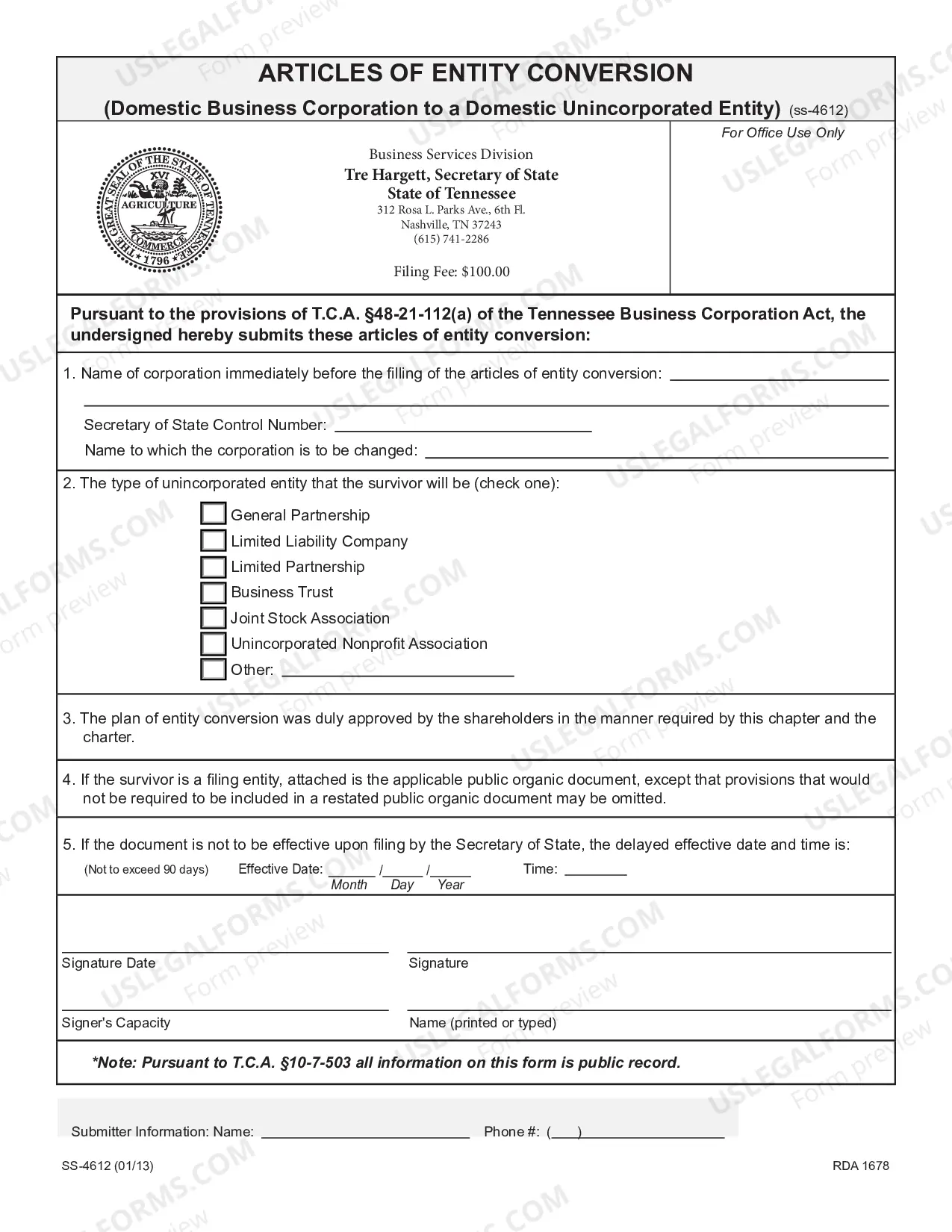Preview Articles of Entity Conversion (Domestic Business Corporation to a Domestic Unincorporated Entity)