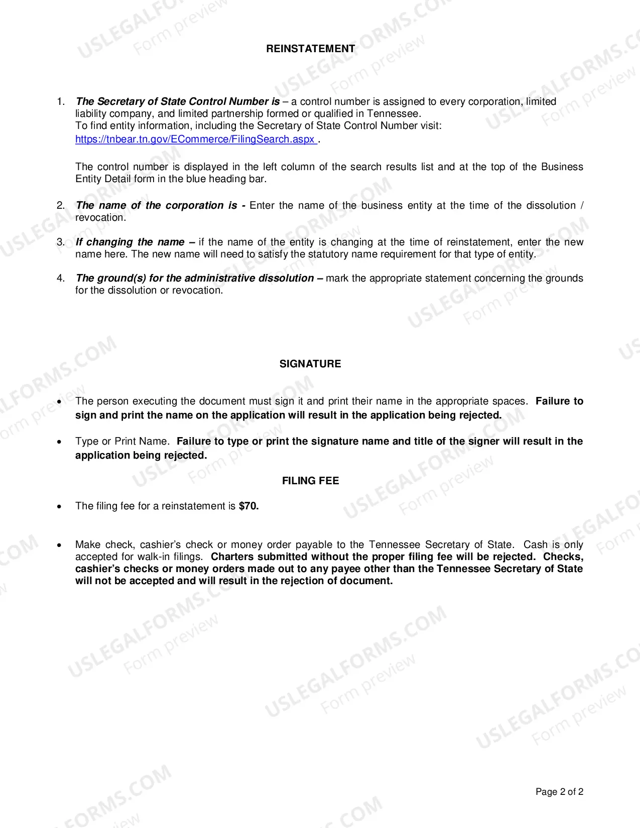 Preview Application for Reinstatement Following Administrative Dissolution/Revocation
