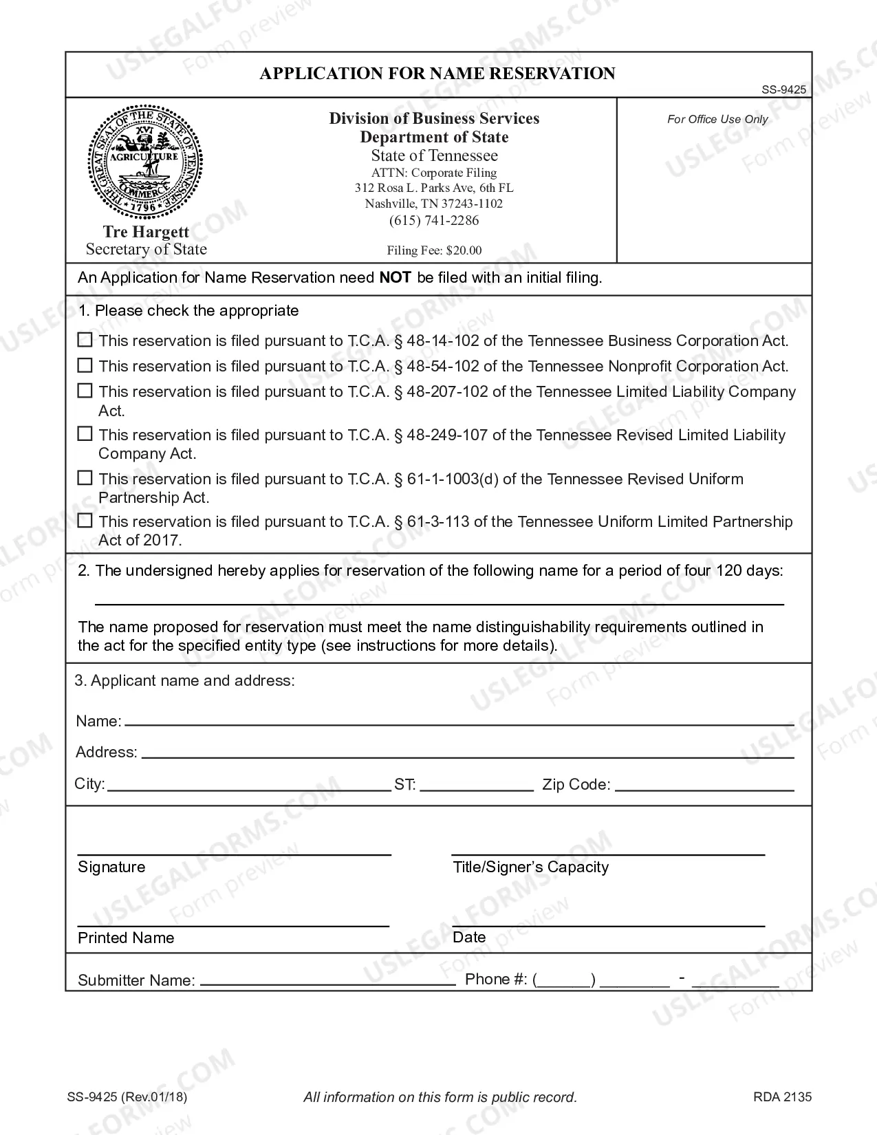 Preview Application for Reservation of Name