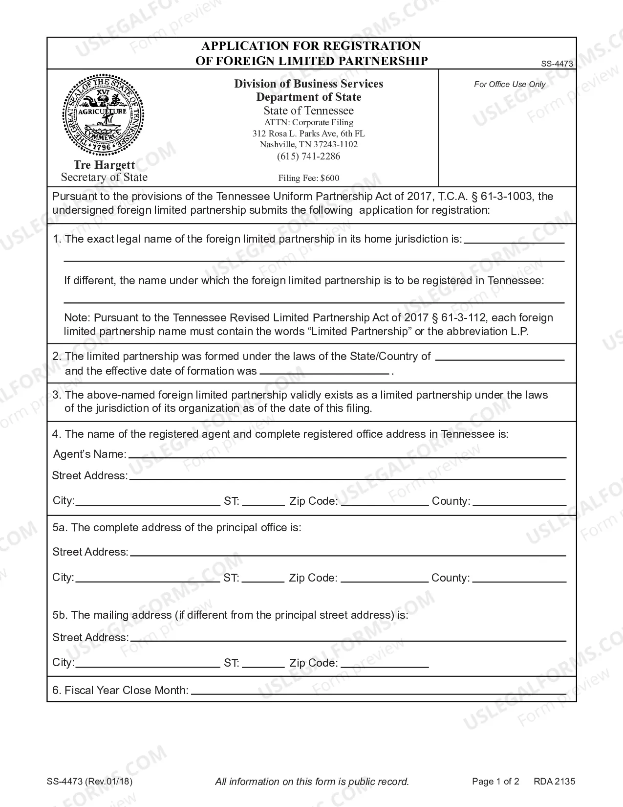 Preview Application for Registration of Foreign Limited Partnership