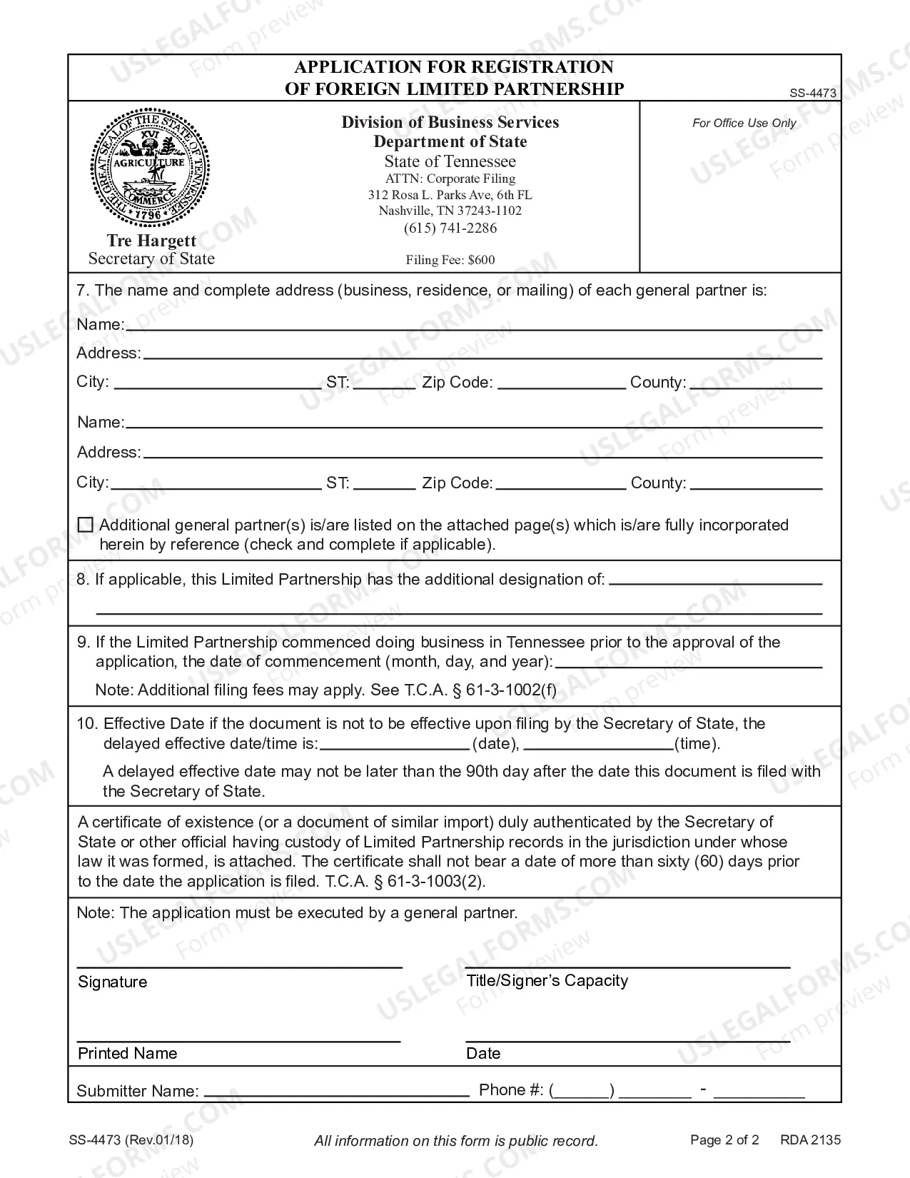 Preview Application for Registration of Foreign Limited Partnership