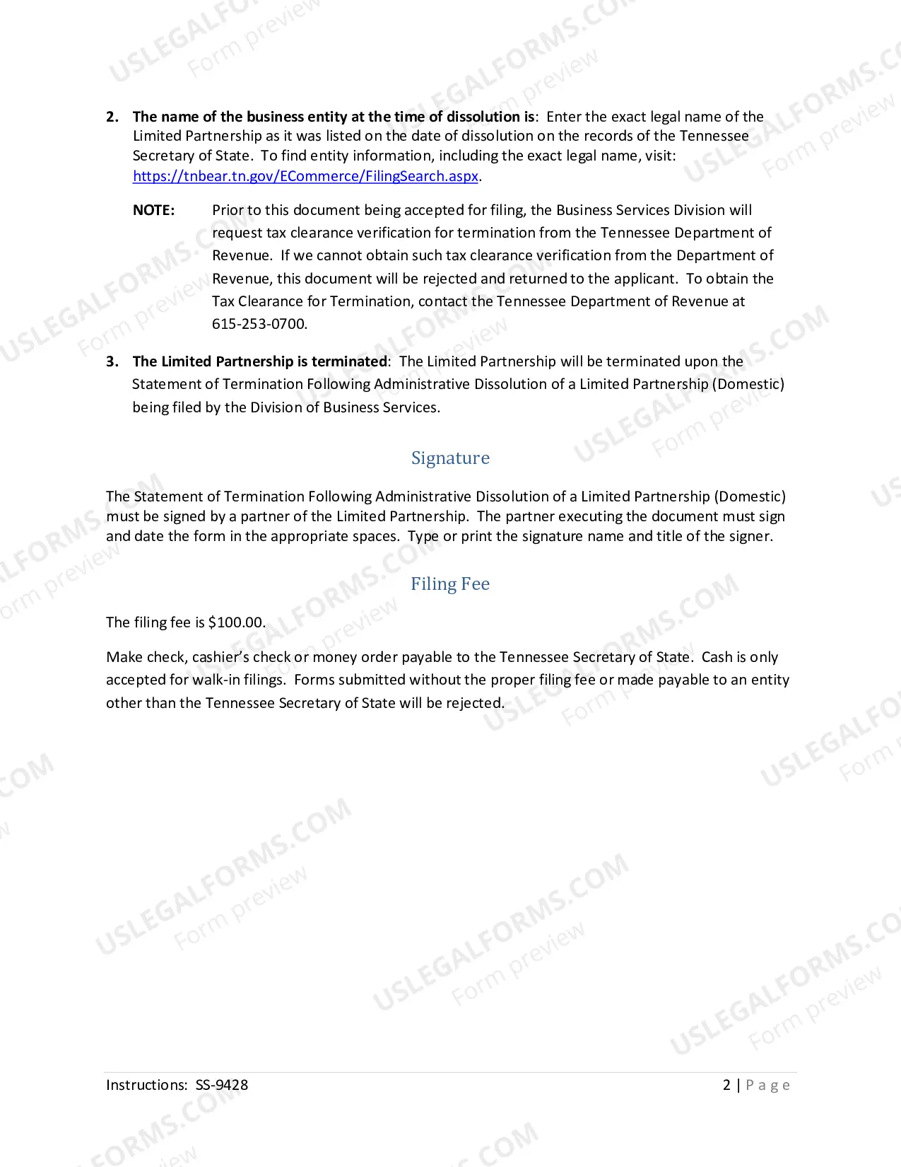Preview Statement of Termination Following Administrative Dissolution Limited Partnership Domestic