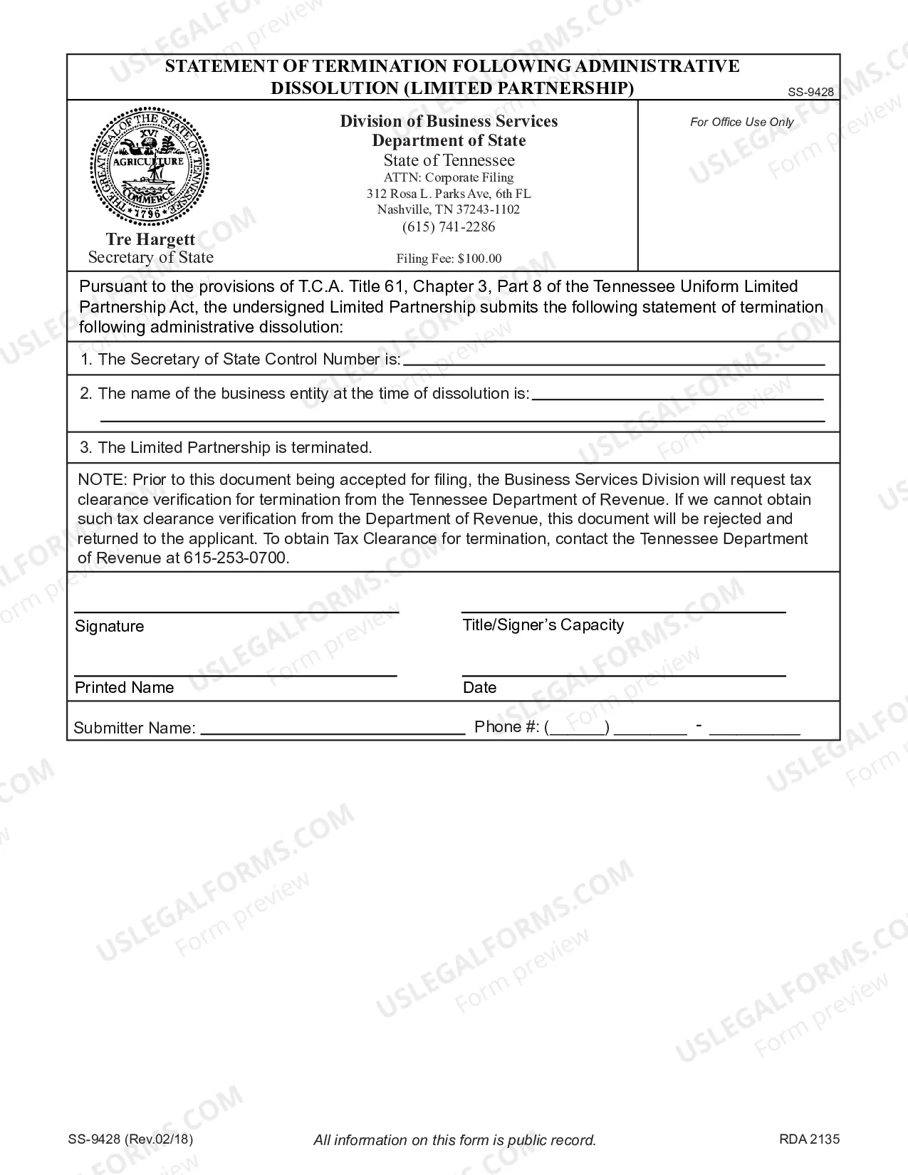 Preview Statement of Termination Following Administrative Dissolution Limited Partnership Domestic