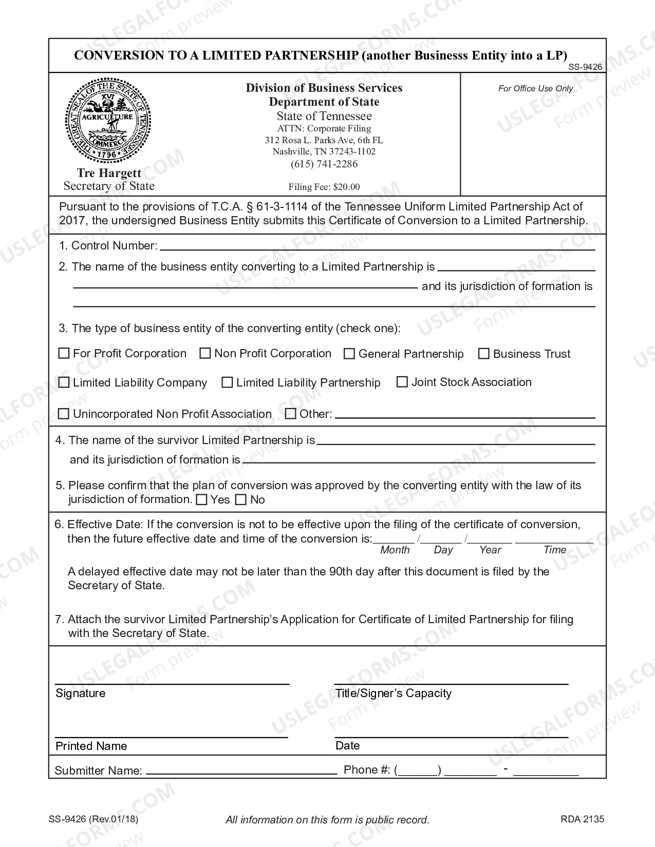 Preview Certificate of Conversion (Another Business Entity into a Limited Partnership)