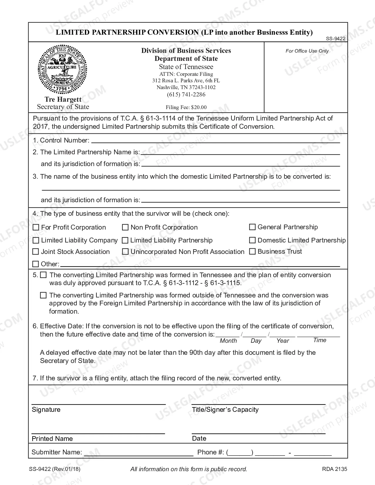 Preview Certificate of Conversion (Limited Partnership into another Business Entity)