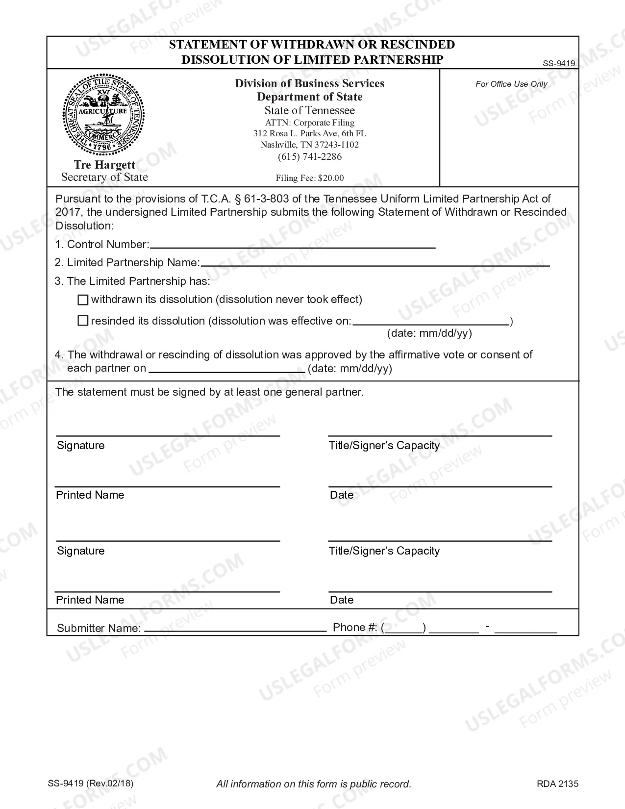 Preview Statement of Withdrawn or Rescinded Dissolution of Limited Partnership