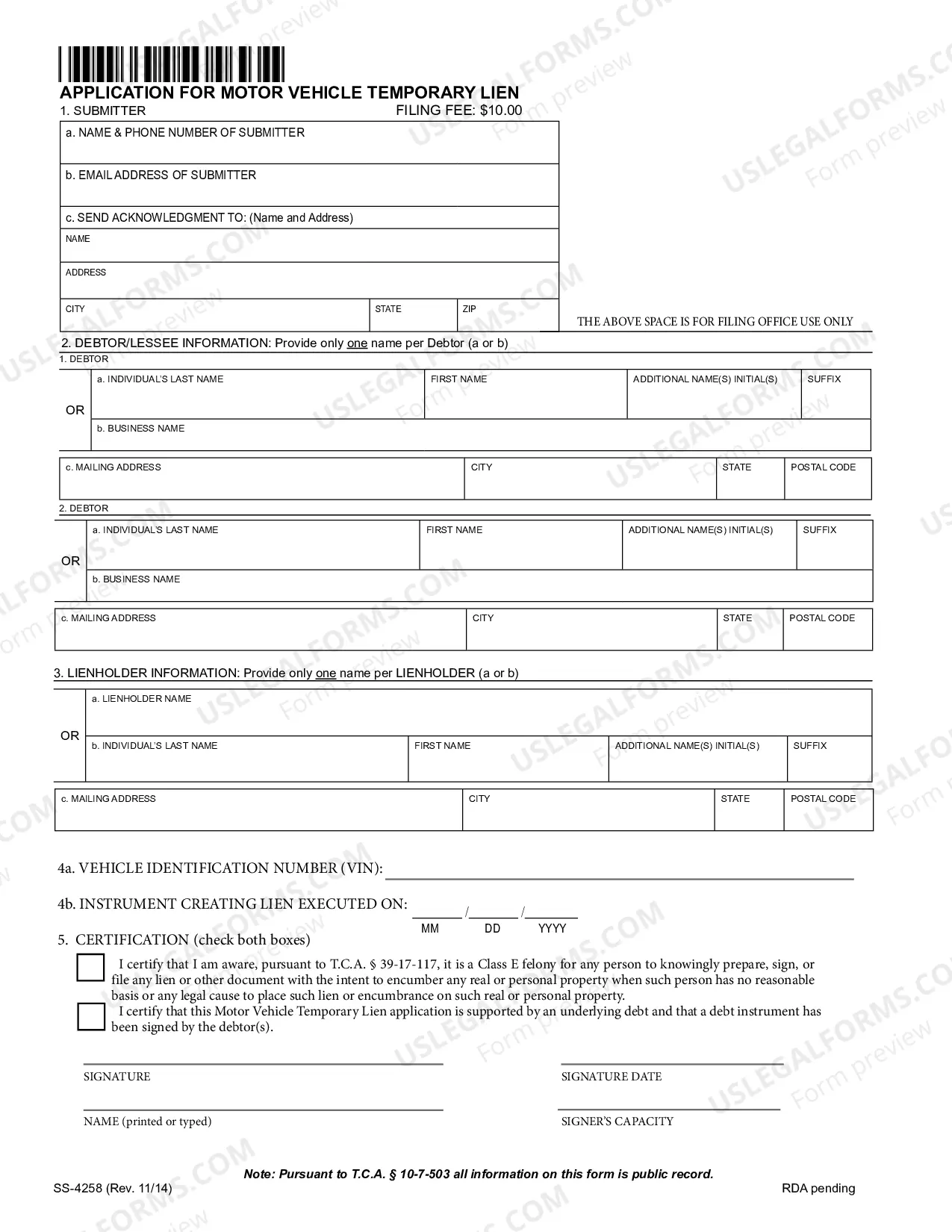 Preview Application For Motor Vehicle Temporary Lien