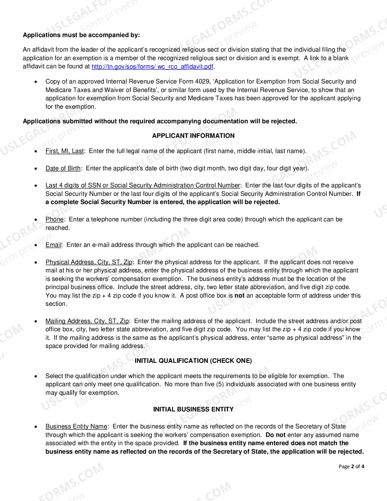 Preview Initial Workers' Compensation Exemption Registration Application for Religious Conscientious Objection