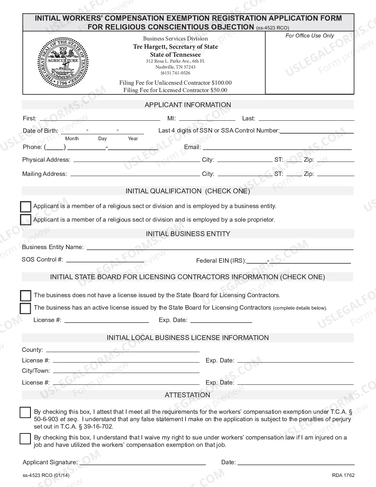 Preview Initial Workers' Compensation Exemption Registration Application for Religious Conscientious Objection