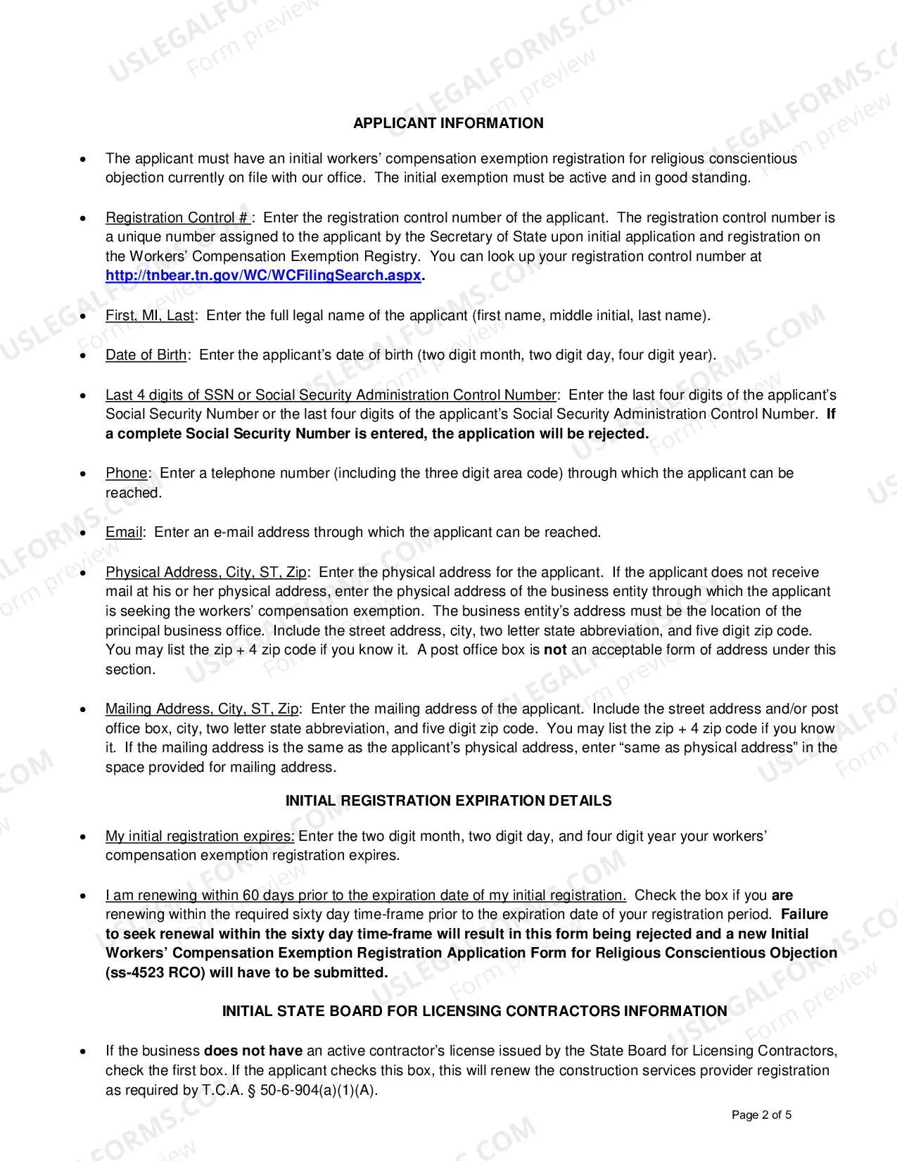 Preview Initial Workers' Compensation Exemption Registration Renewal for Religious Conscientious Objection