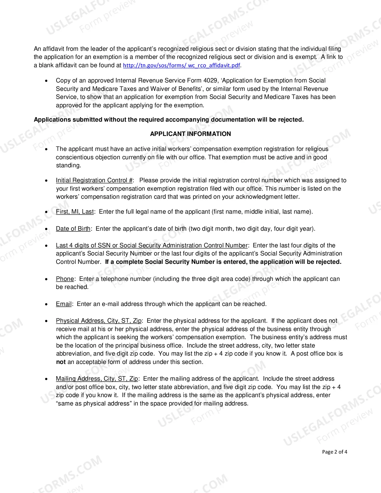 Preview Subsequent Workers' Compensation Exemption Registration Application for Religious Conscientious Objection