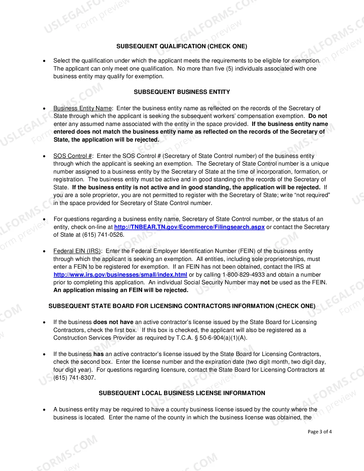 Preview Subsequent Workers' Compensation Exemption Registration Application for Religious Conscientious Objection