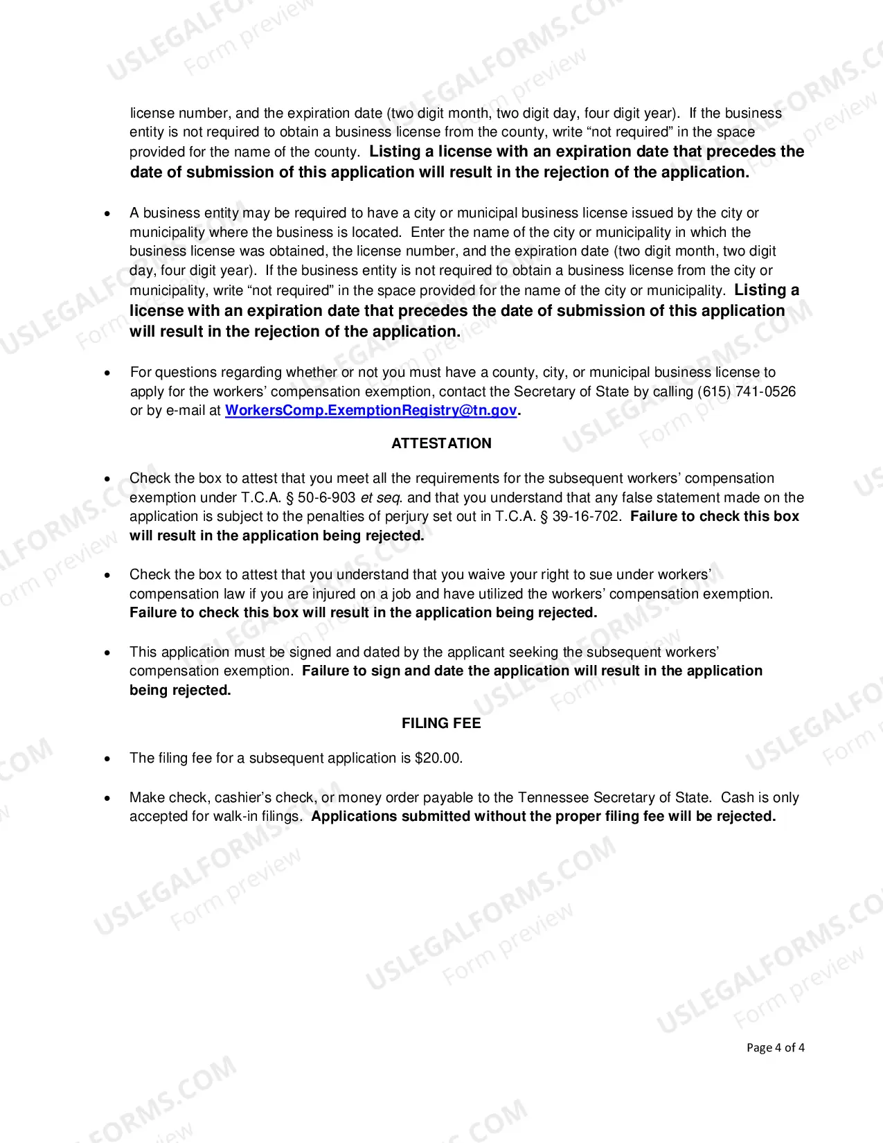 Preview Subsequent Workers' Compensation Exemption Registration Application for Religious Conscientious Objection