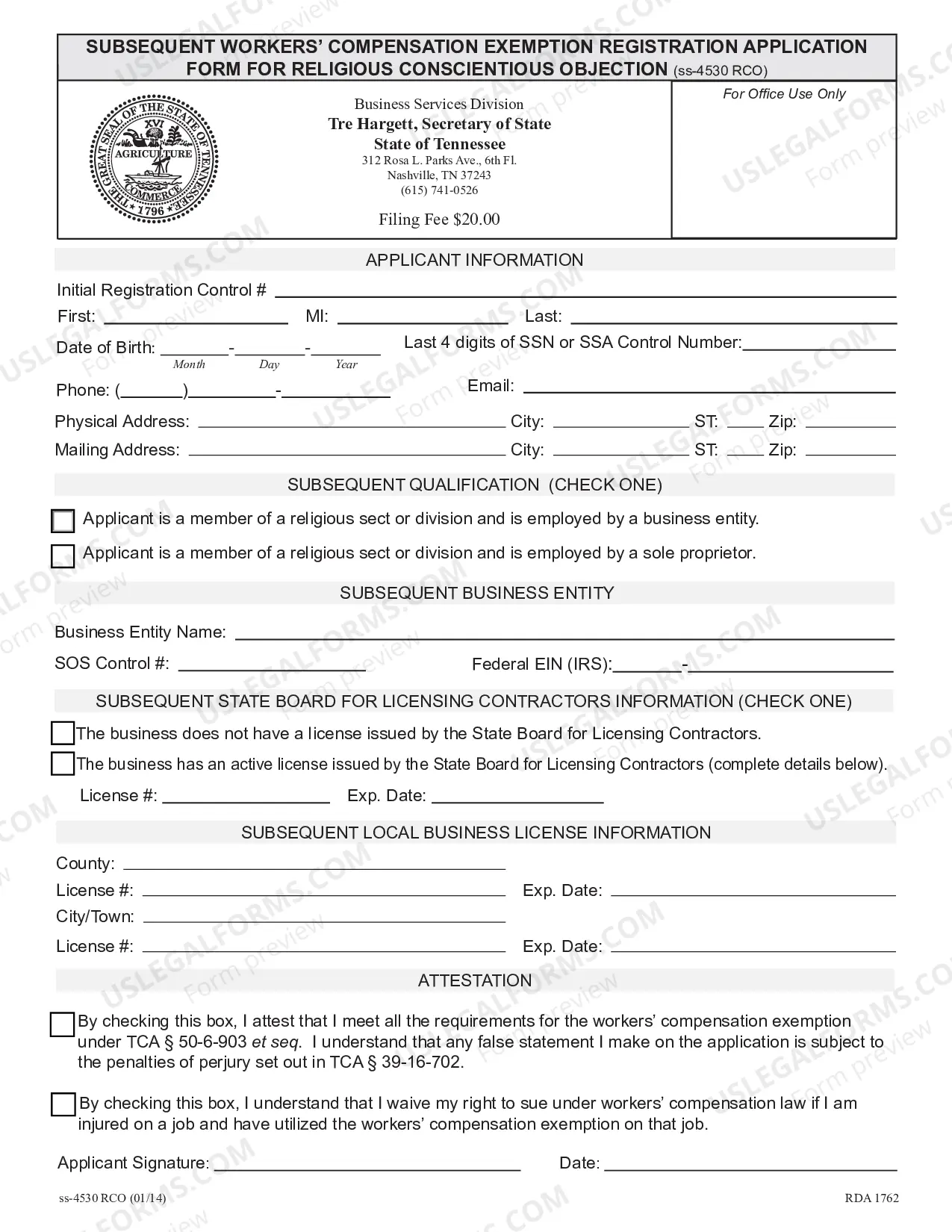 Preview Subsequent Workers' Compensation Exemption Registration Application for Religious Conscientious Objection
