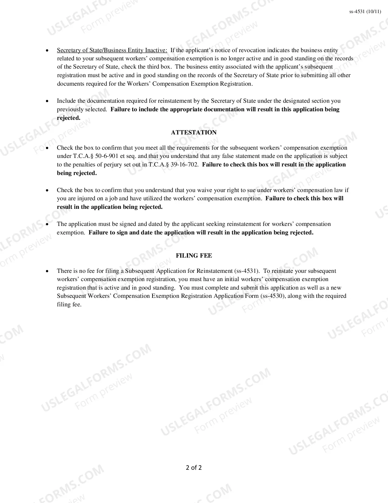 Preview Subsequent Workers' Compensation Exemption Registration Application For Reinstatement Form