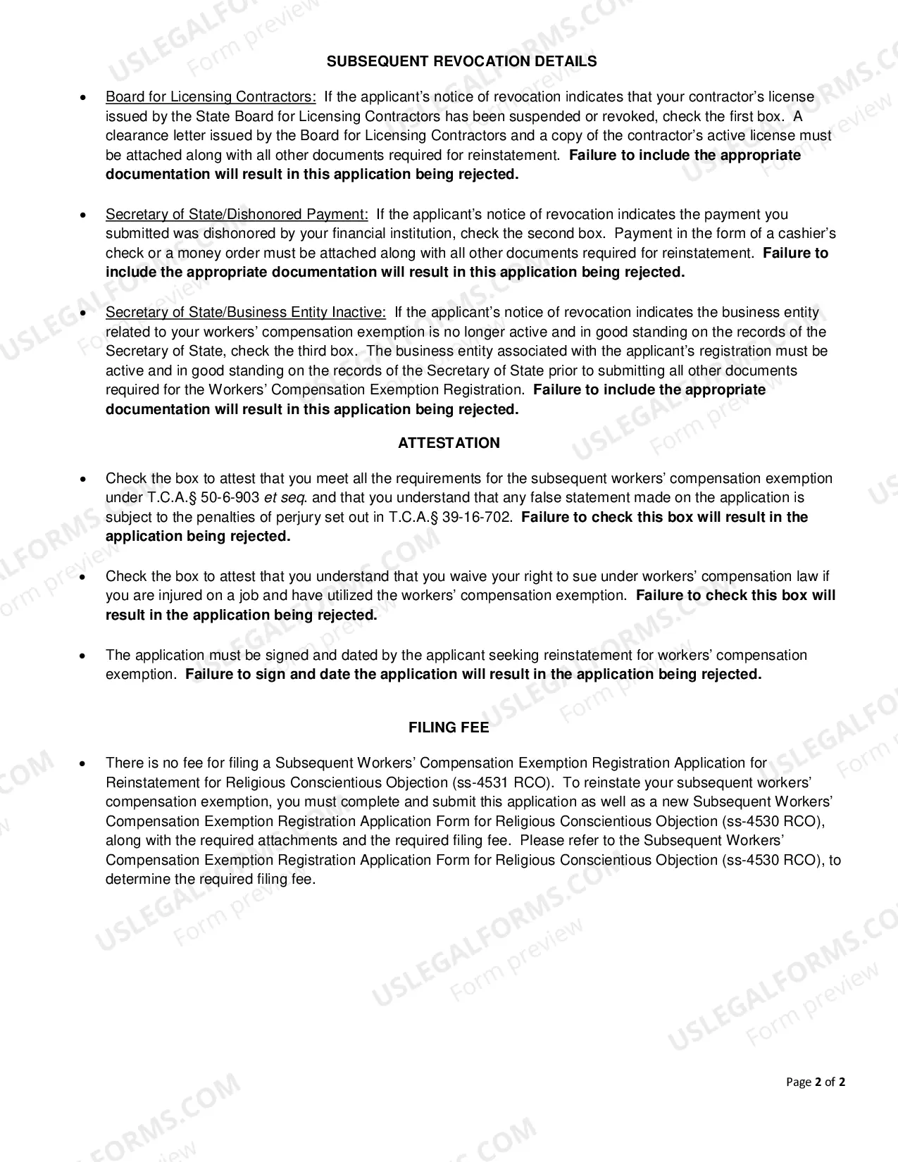 Preview Subsequent Workers' Compensation Exemption Registration Application for Reinstatement for Religious Conscientious Objection