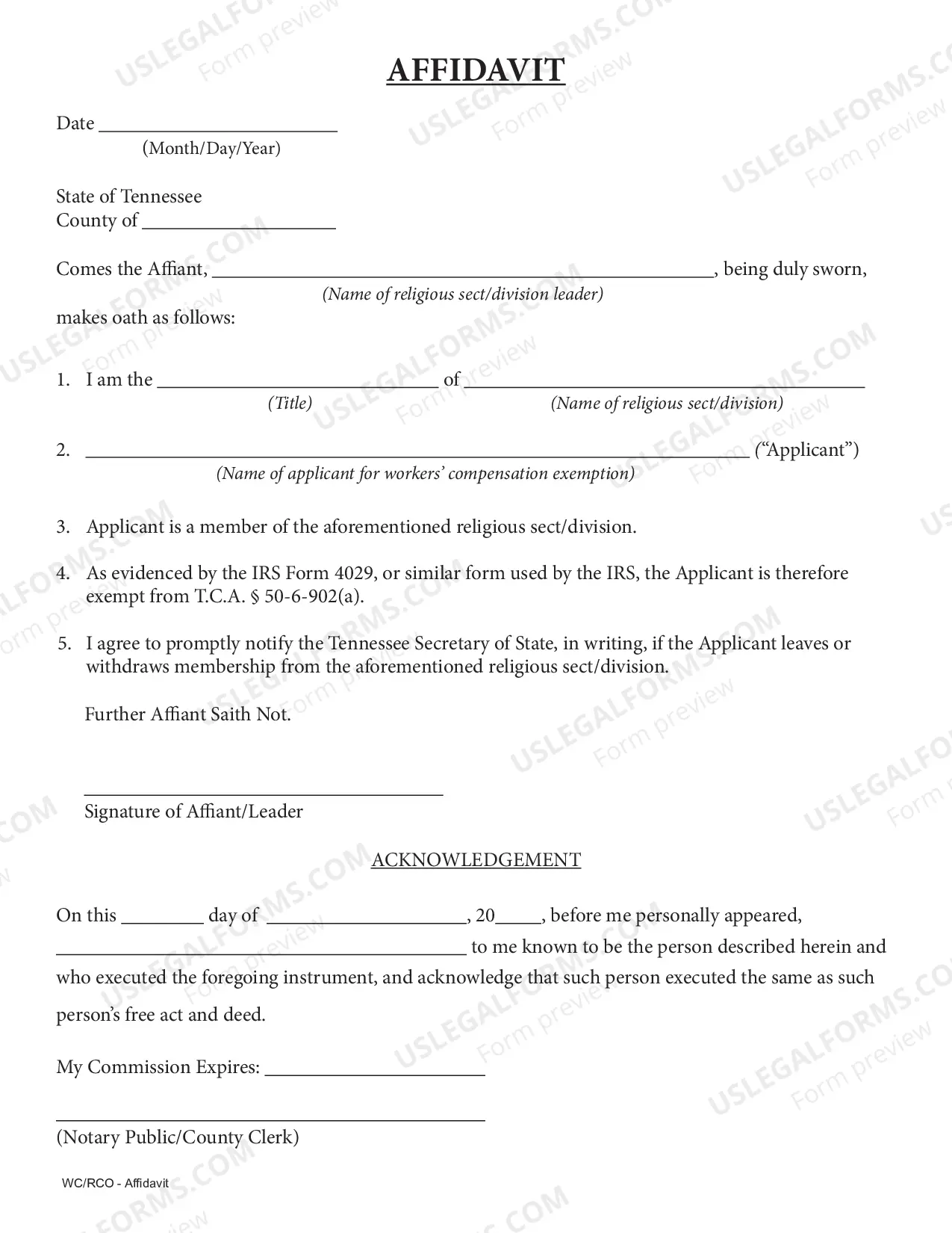 Preview Subsequent Workers' Compensation Exemption Registration Application for Reinstatement for Religious Conscientious Objection