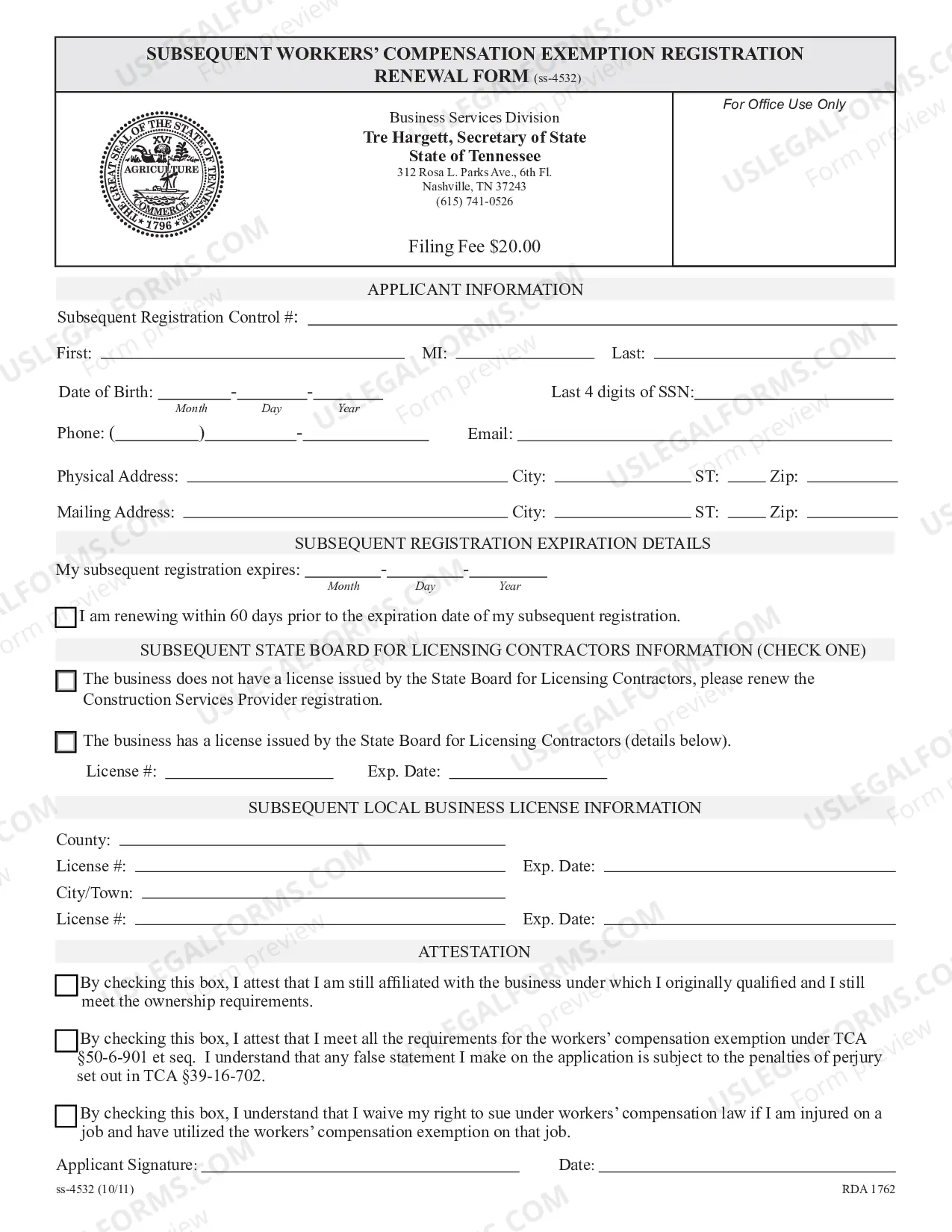 Preview Subsequent Workers' Compensation Exemption Registration Renewal Form