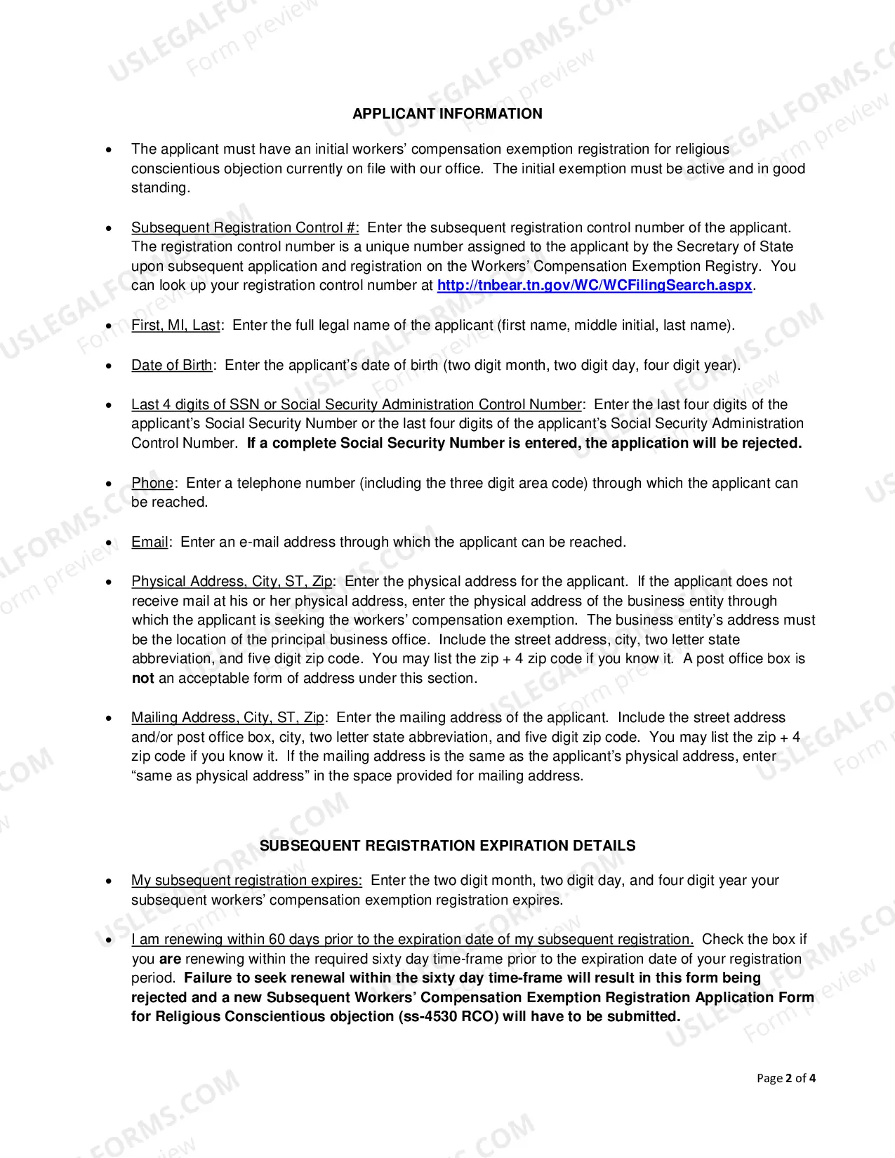 Preview Subsequent Workers' Compensation Exemption Registration Renewal for Religious Conscientious Objection