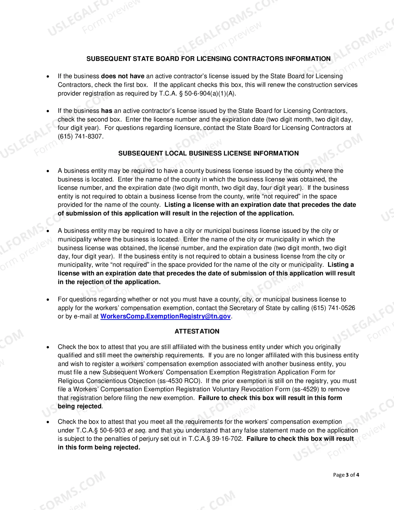 Preview Subsequent Workers' Compensation Exemption Registration Renewal for Religious Conscientious Objection