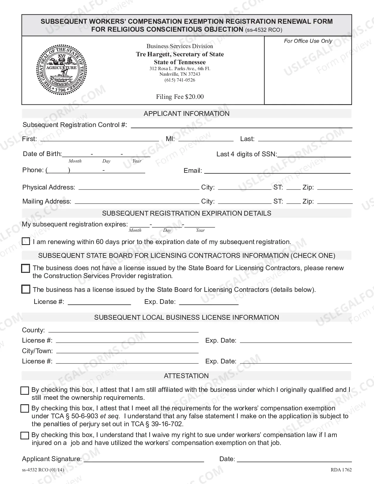 Preview Subsequent Workers' Compensation Exemption Registration Renewal for Religious Conscientious Objection