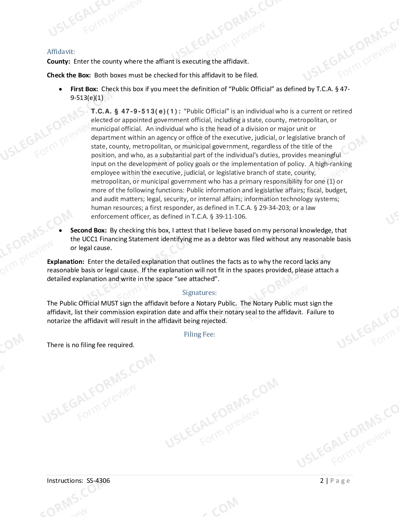Preview UCC Fraudulent Lien Filing Notarized Affidavit: SS-4306