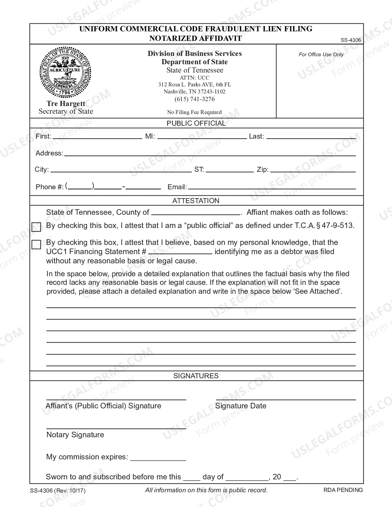 Preview UCC Fraudulent Lien Filing Notarized Affidavit: SS-4306