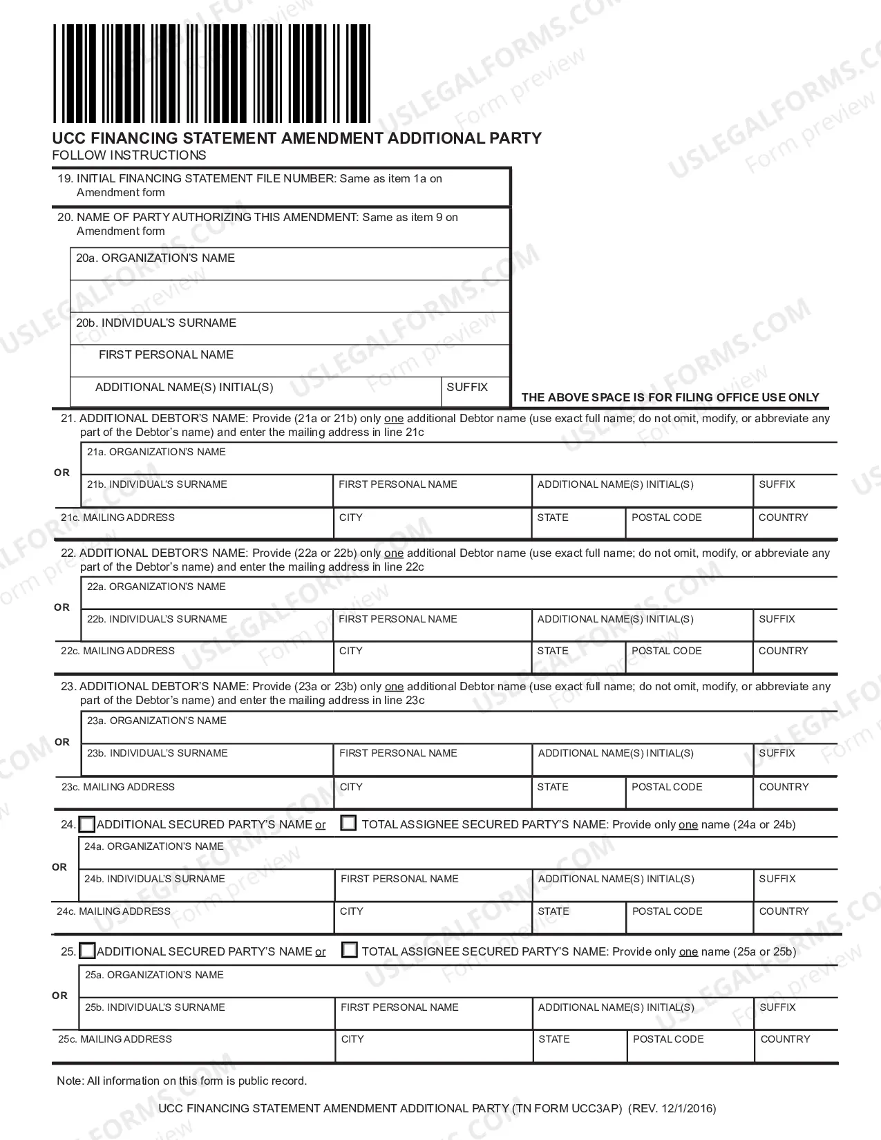 Preview UCC3Ap: Financing Statement Amendment Additional Party