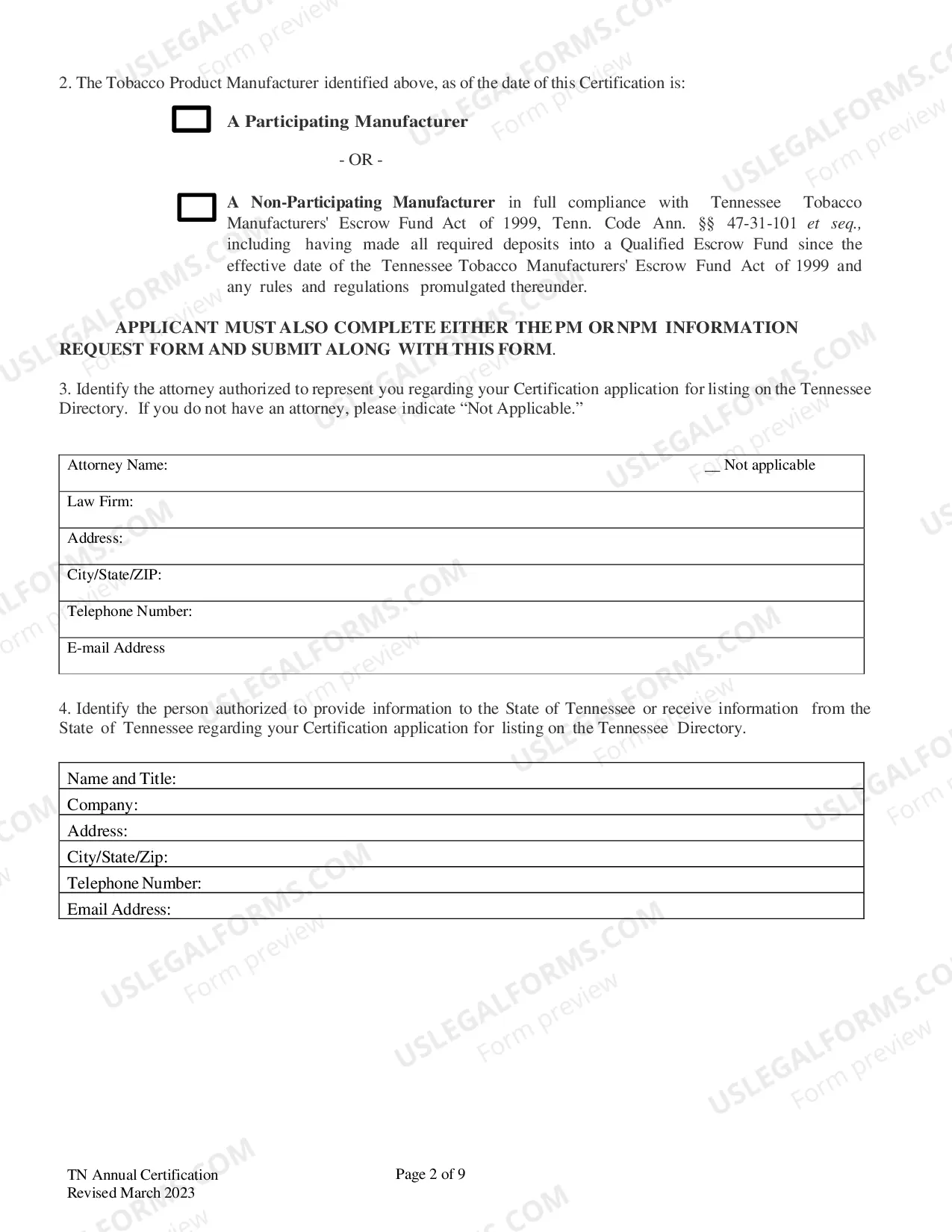 Preview Annual Certification Form for Listing on Tennessee's Directory