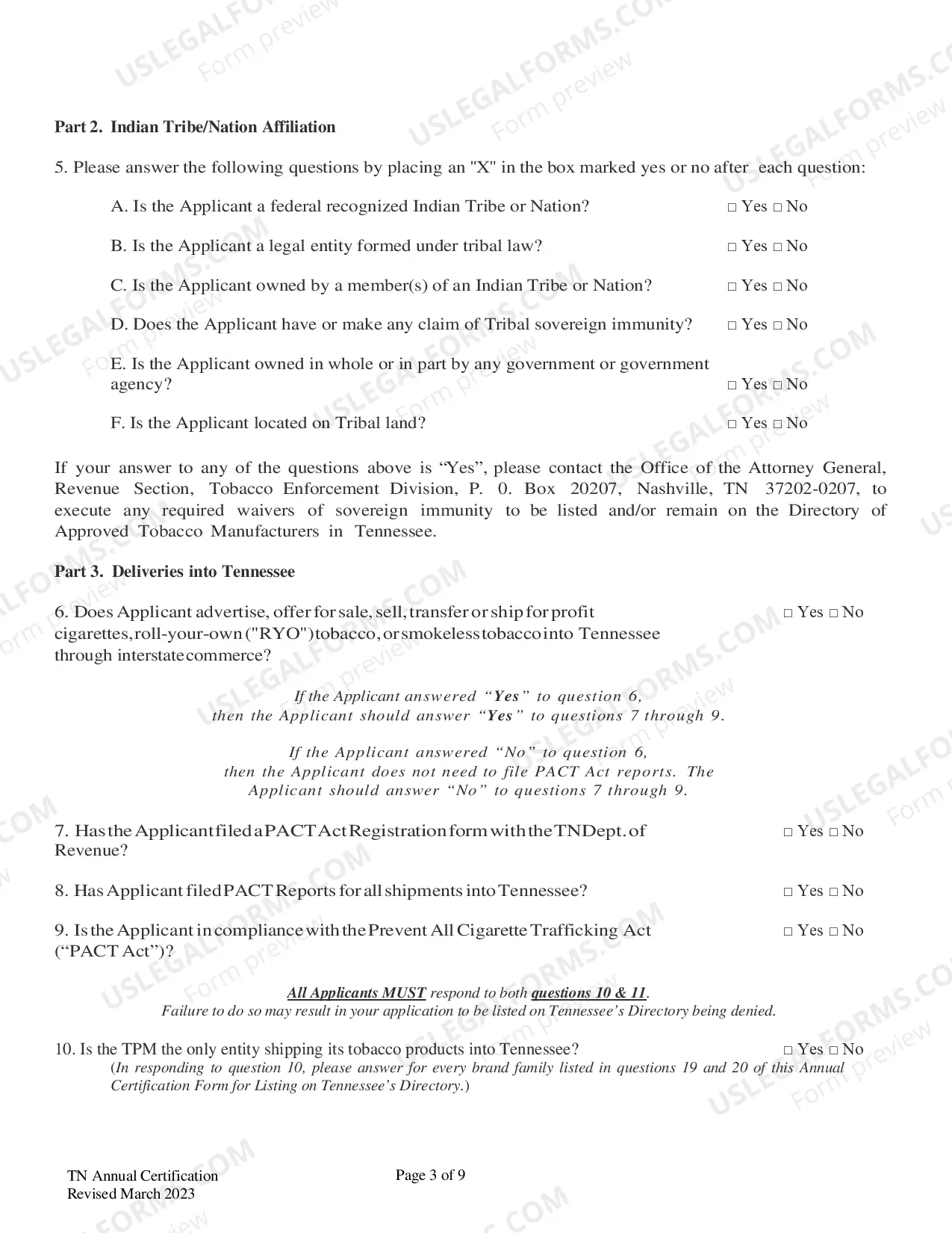 Preview Annual Certification Form for Listing on Tennessee's Directory